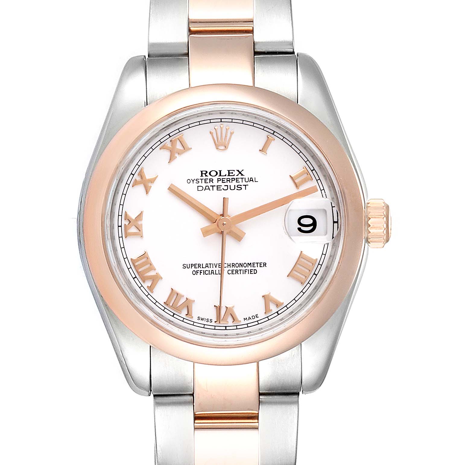 The image shows a front view of a Rolex Oyster Perpetual Datejust Mid-Size watch with a white dial and rose gold and stainless steel bracelet.