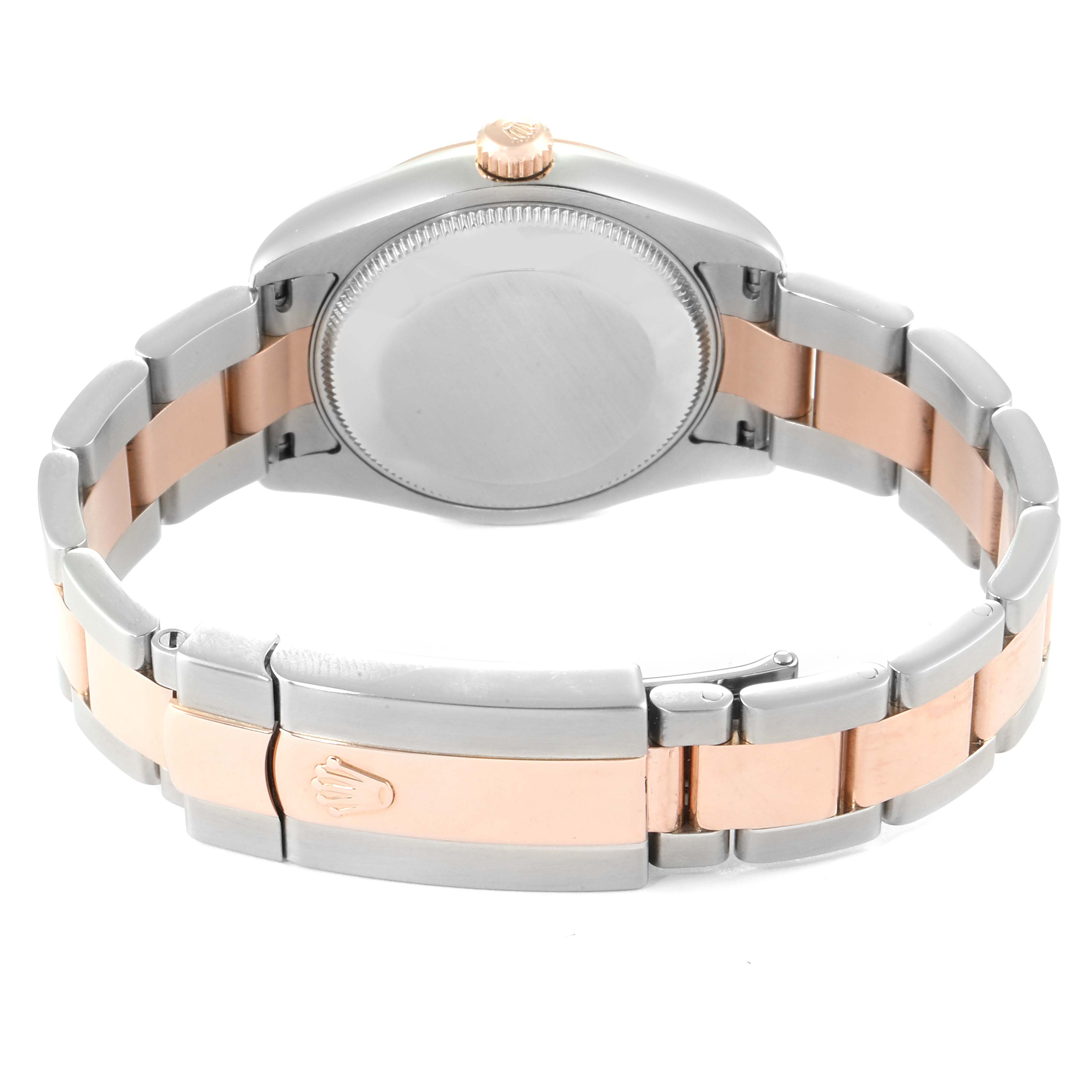 The image shows the back view of a Rolex Mid-Size 178241 Women
s Steel and Gold (two tone) White Dial 178241 Women
s Steel and Gold (two tone) White Dial watch, highlighting its two-tone metal bracelet and clasp.