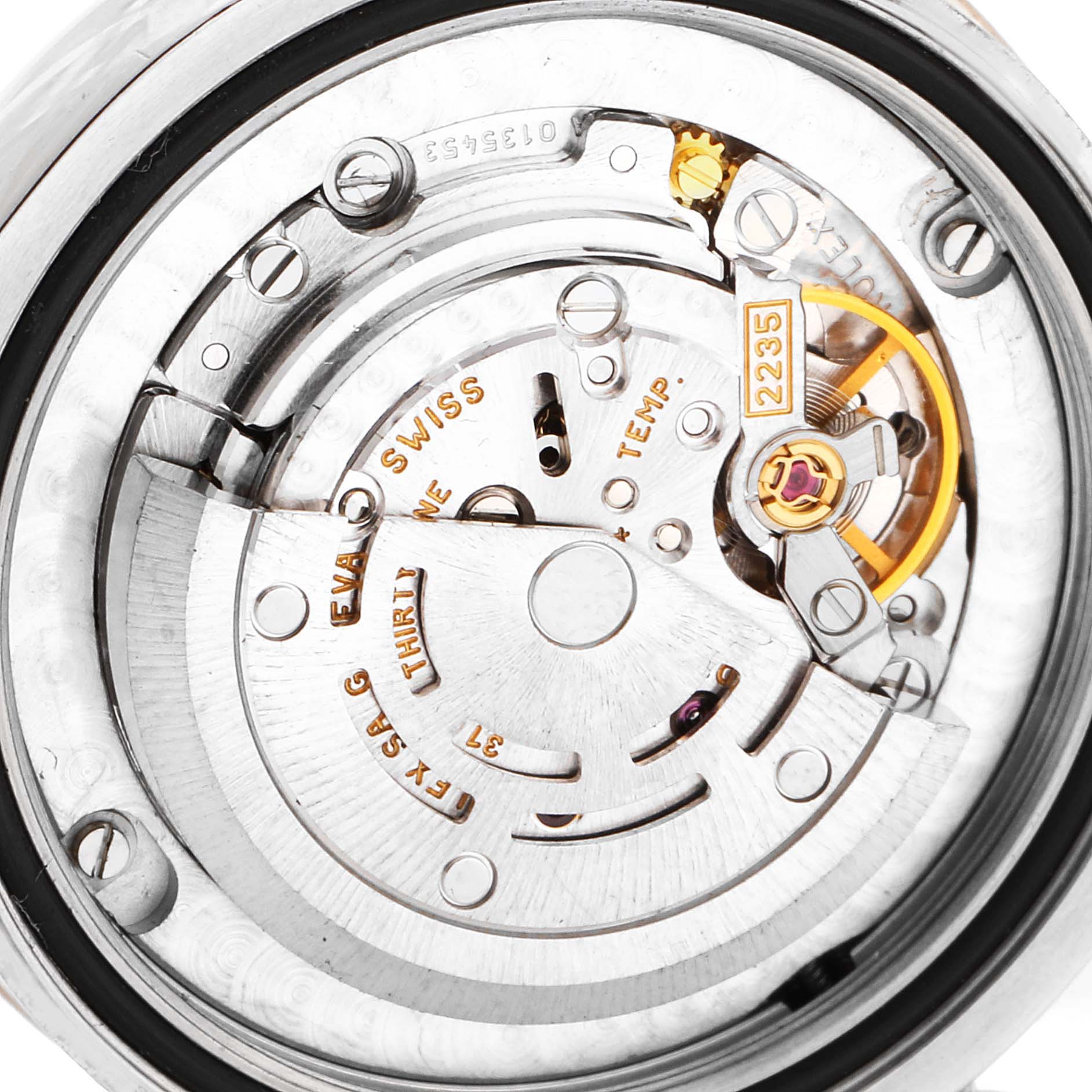 This image shows the intricate internal mechanism and movement of the Rolex Mid-Size 178241 Women
s Steel and Gold (two tone) White Dial 178241 Women
s Steel and Gold (two tone) White Dial watch, model 2235.