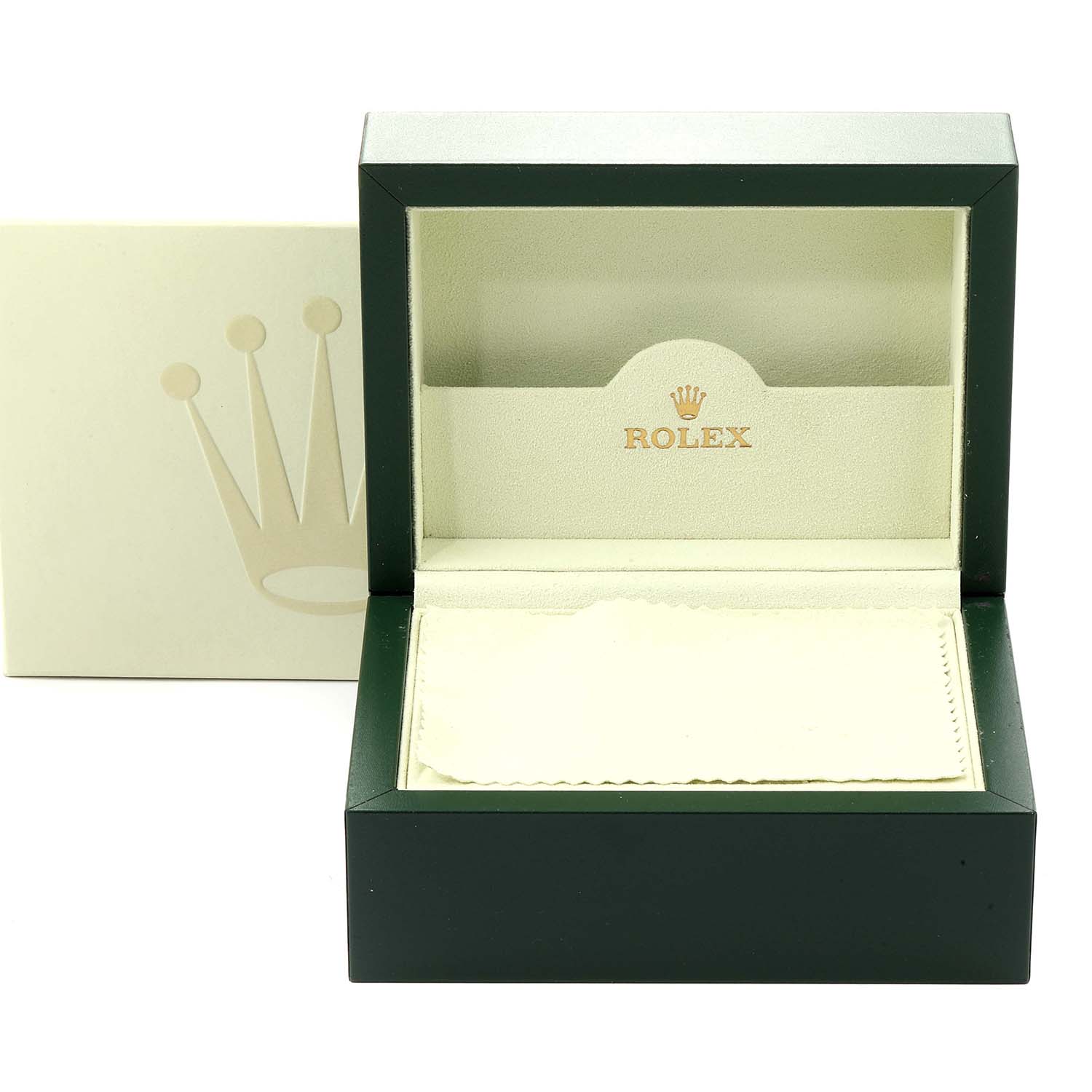 This image shows the open box and packaging of a Mid-Size Rolex watch.