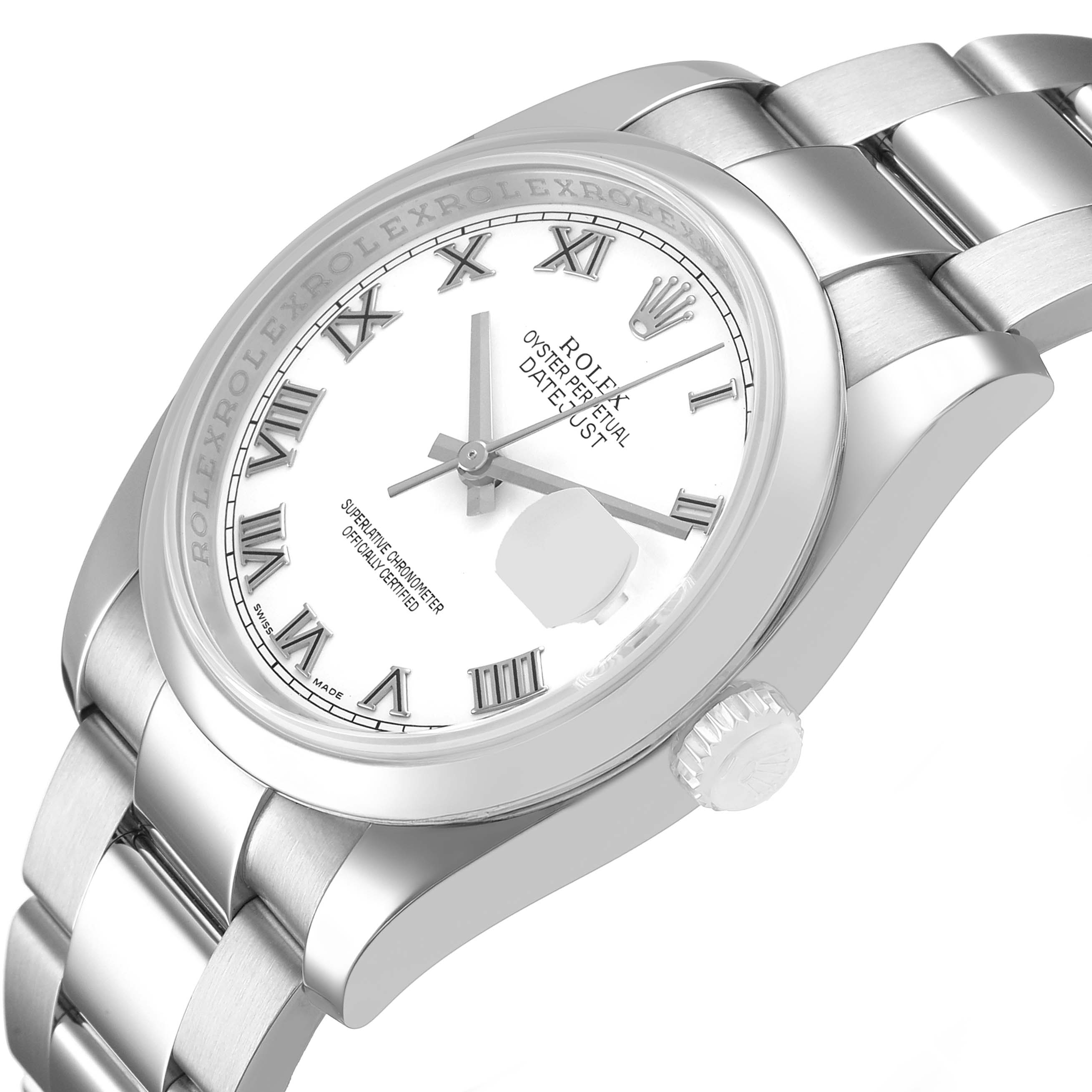 The Rolex Datejust 116200 Men's Stainless Steel White Dial watch is shown at a tilted angle, highlighting the face, bezel, and part of the bracelet.