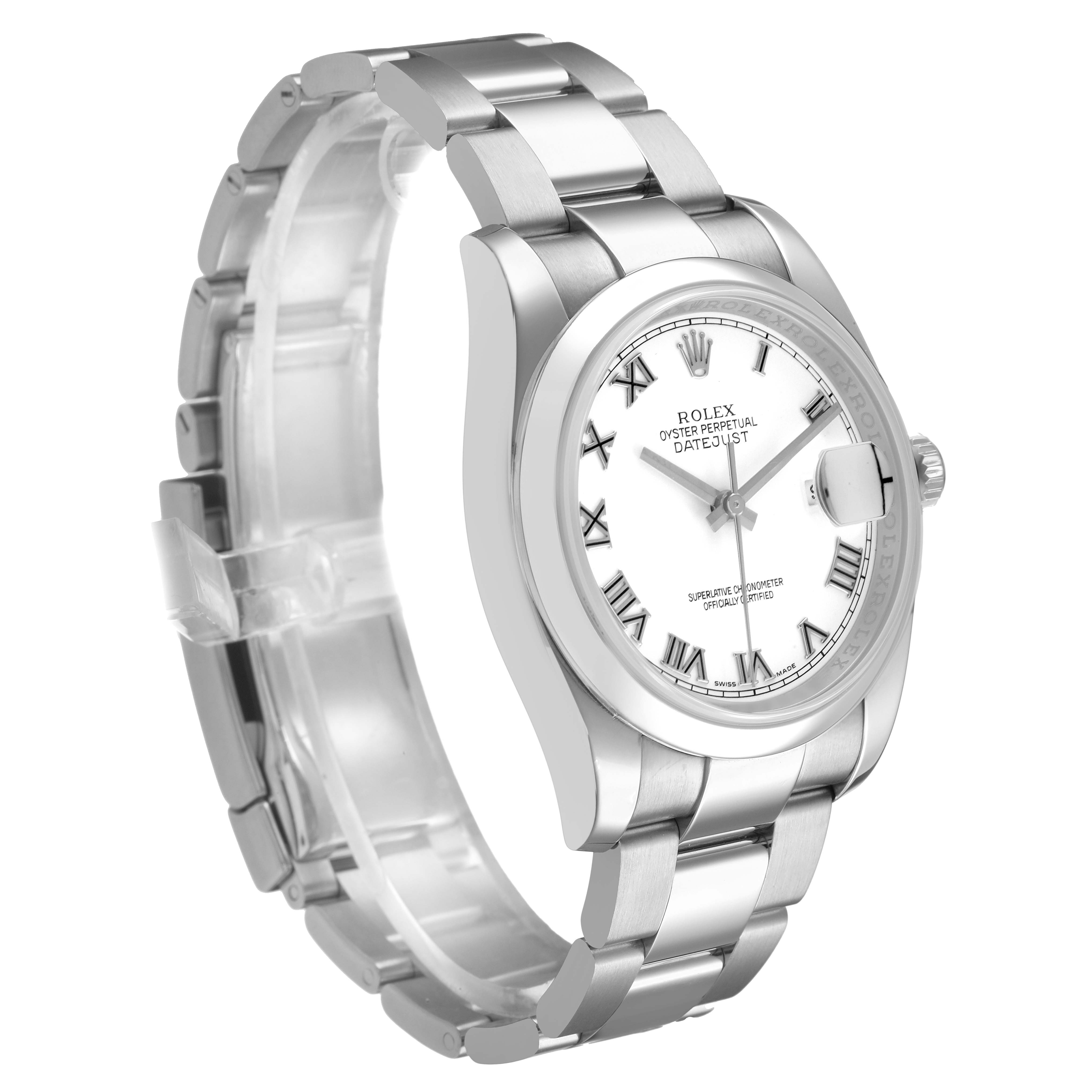 The Rolex Datejust 116200 Men's Stainless Steel White Dial watch is shown at a three-quarter angle, highlighting the face, bezel, and part of the bracelet.
