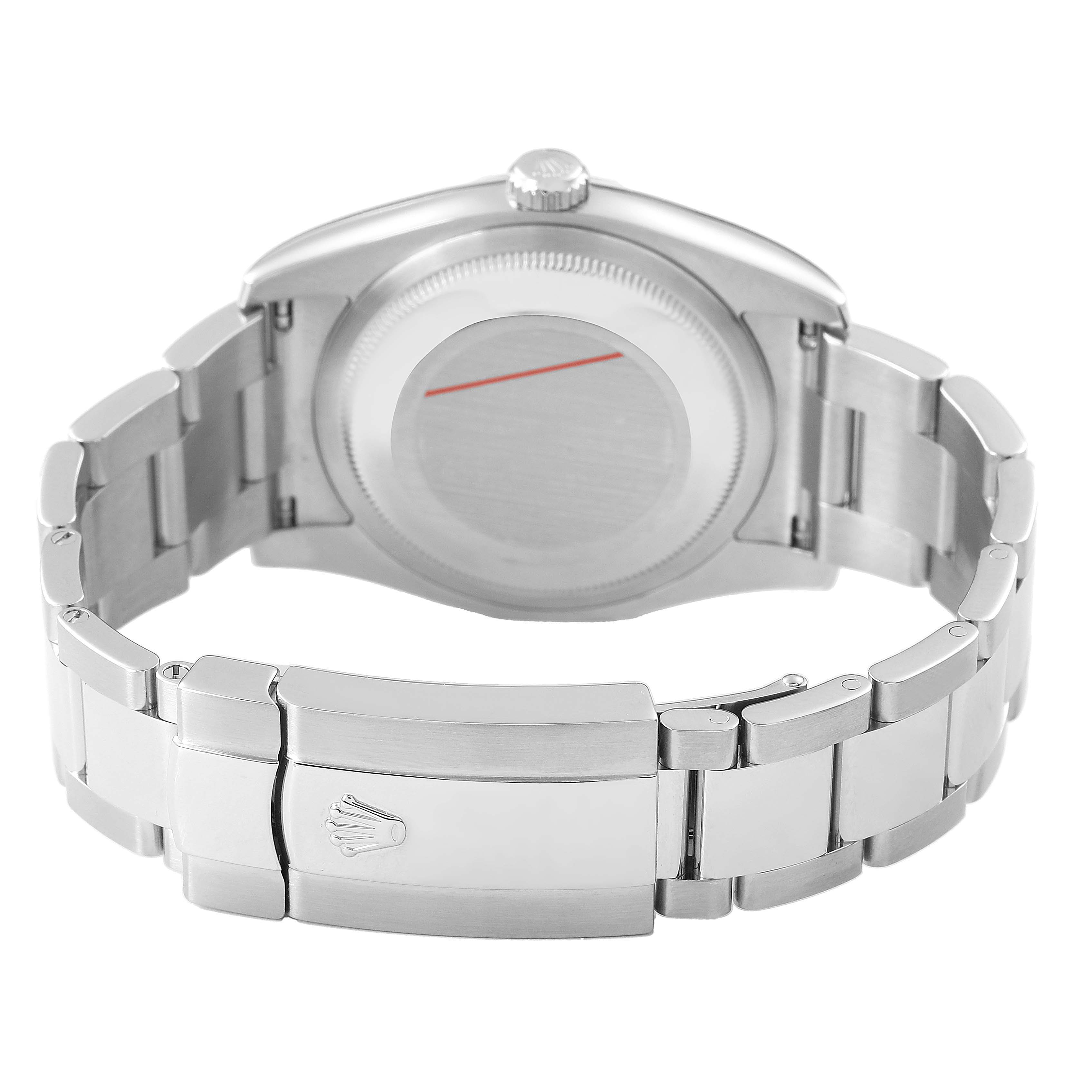 The image shows the back view of a Rolex Datejust 116200 Men's Stainless Steel White Dial watch, highlighting the case back and clasp.