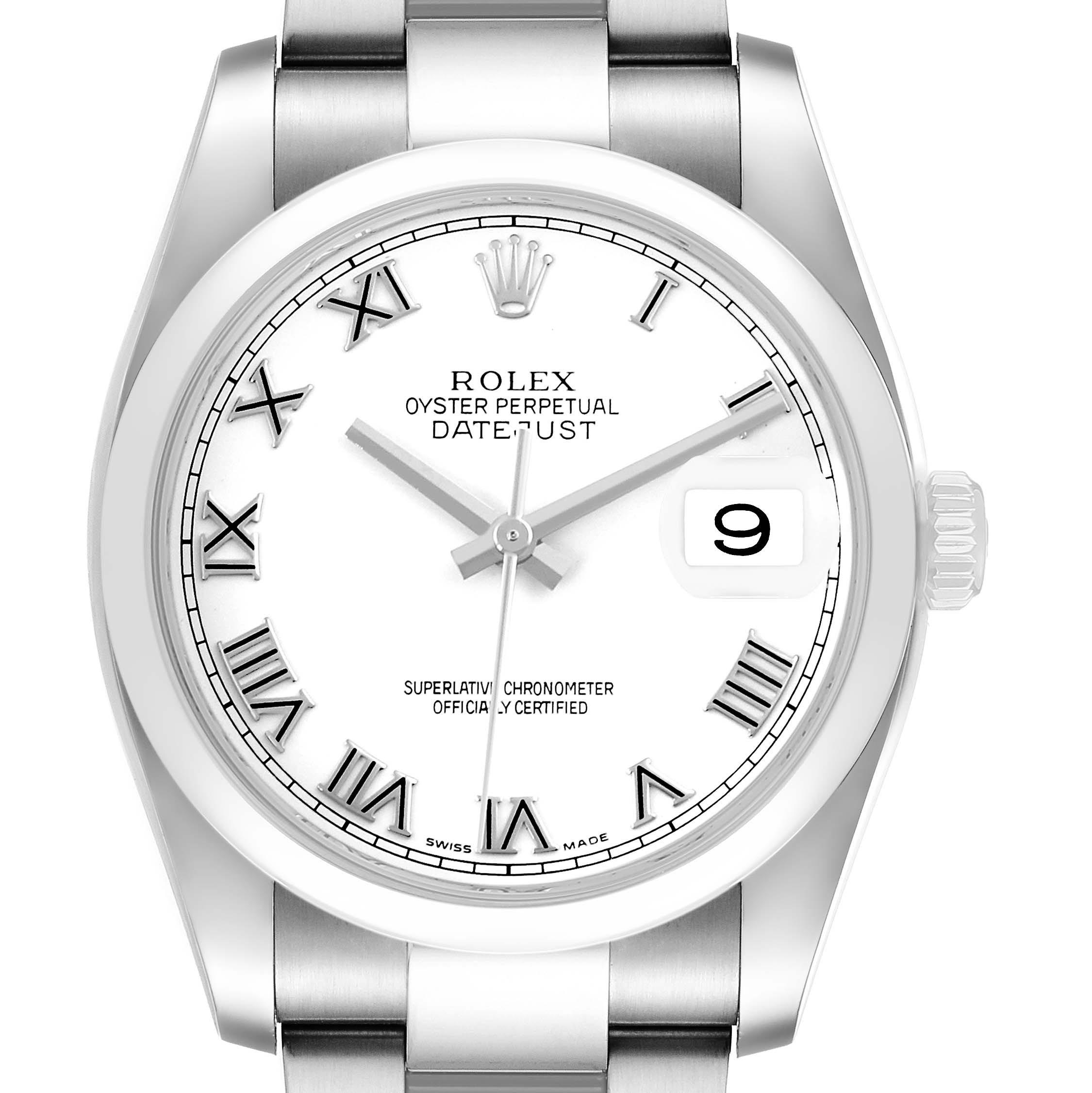 The Rolex Datejust 116200 Men's Stainless Steel White Dial watch is shown from a front angle, displaying the dial, hands, date window, and part of the bracelet.
