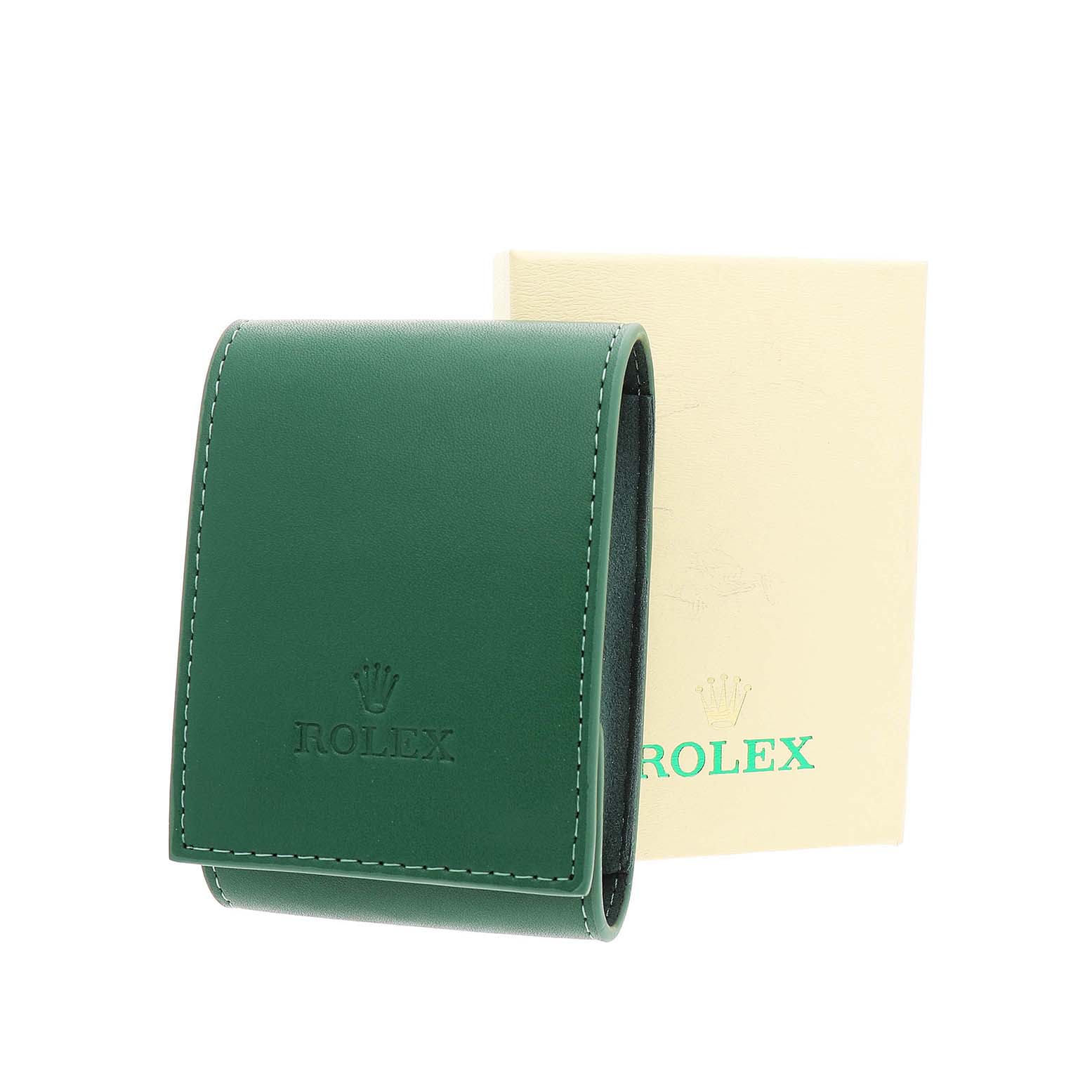 The image shows a green protective case and a beige box for a Rolex Datejust 116200 Men's Stainless Steel White Dial watch, angled slightly from the front.