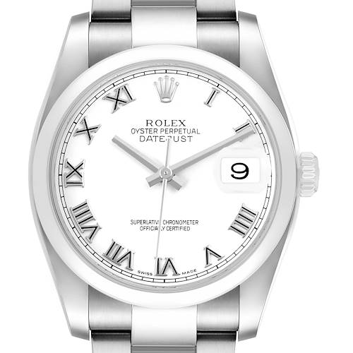 The Rolex Datejust 116200 Men's Stainless Steel White Dial watch is shown from a top view, highlighting the dial, bezel, and bracelet.