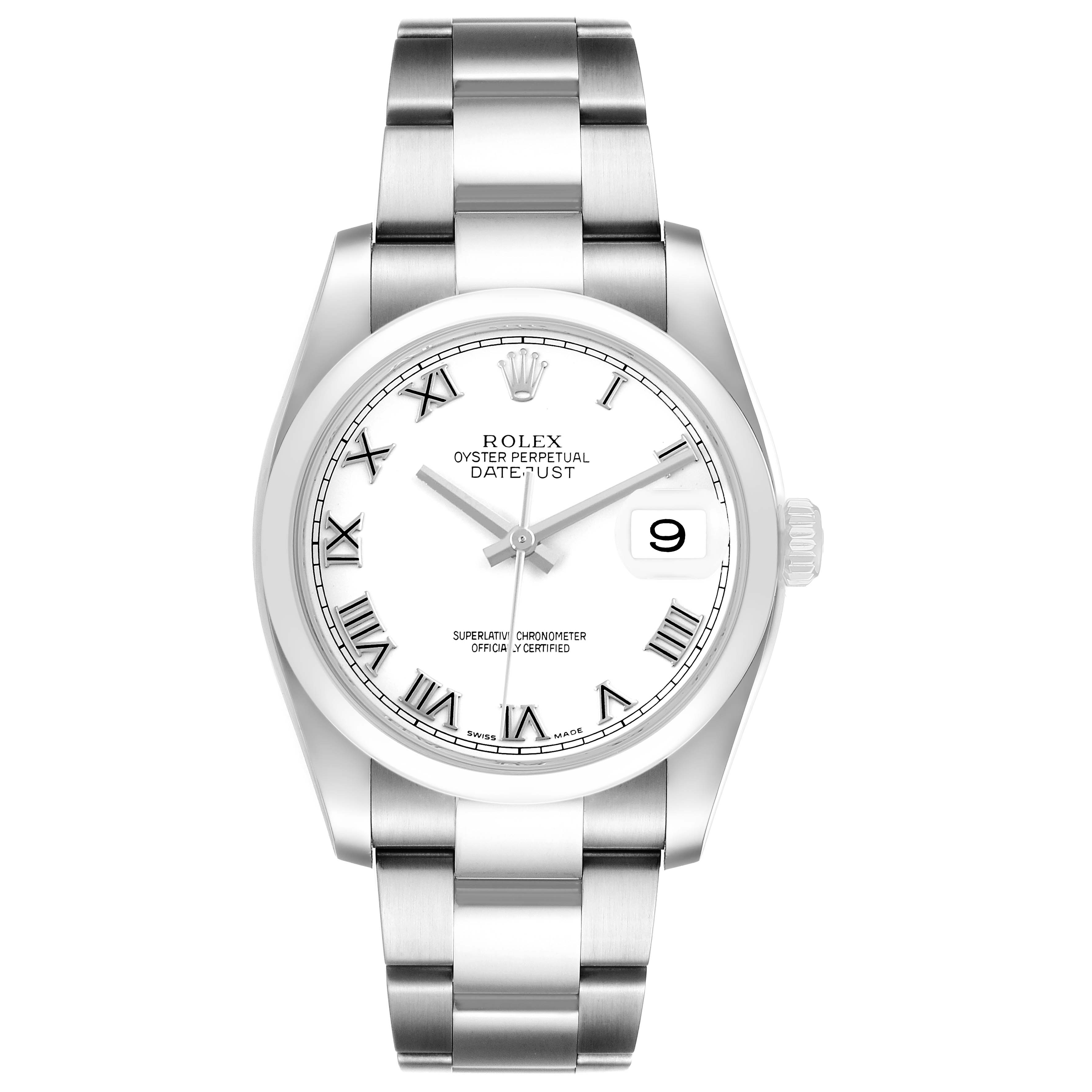 The Rolex Datejust 116200 Men's Stainless Steel White Dial watch is shown from a front view, displaying the dial, bezel, hands, indices, and bracelet.