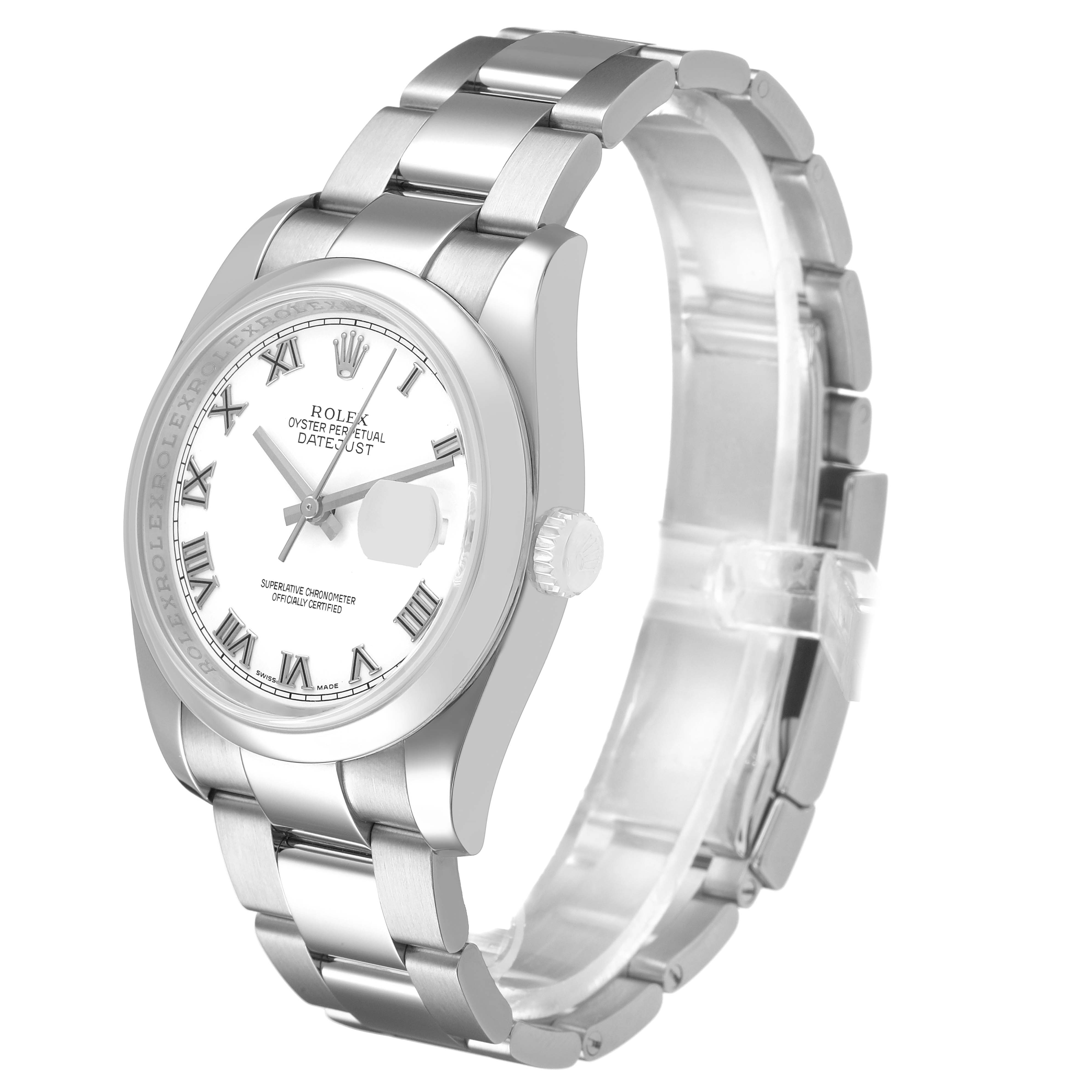 The Rolex Datejust 116200 Men's Stainless Steel White Dial watch is shown at a three-quarter angle, displaying the dial, bezel, crown, and bracelet.