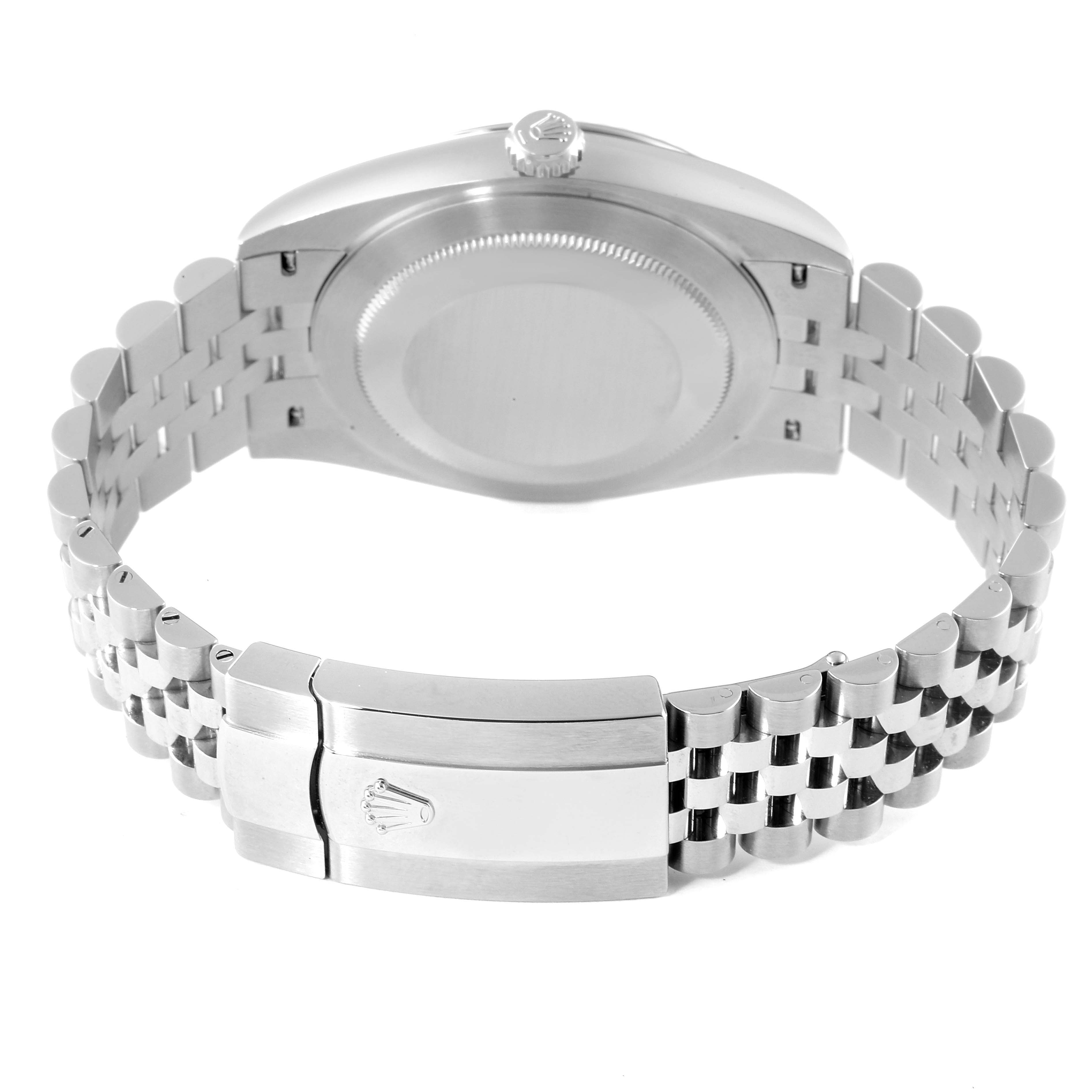 The image shows the case back and clasp of a Rolex Datejust 41 126334 Men
s Stainless Steel Black Dial 126334 Men
s Stainless Steel Black Dial with a Jubilee bracelet, viewed from the rear.