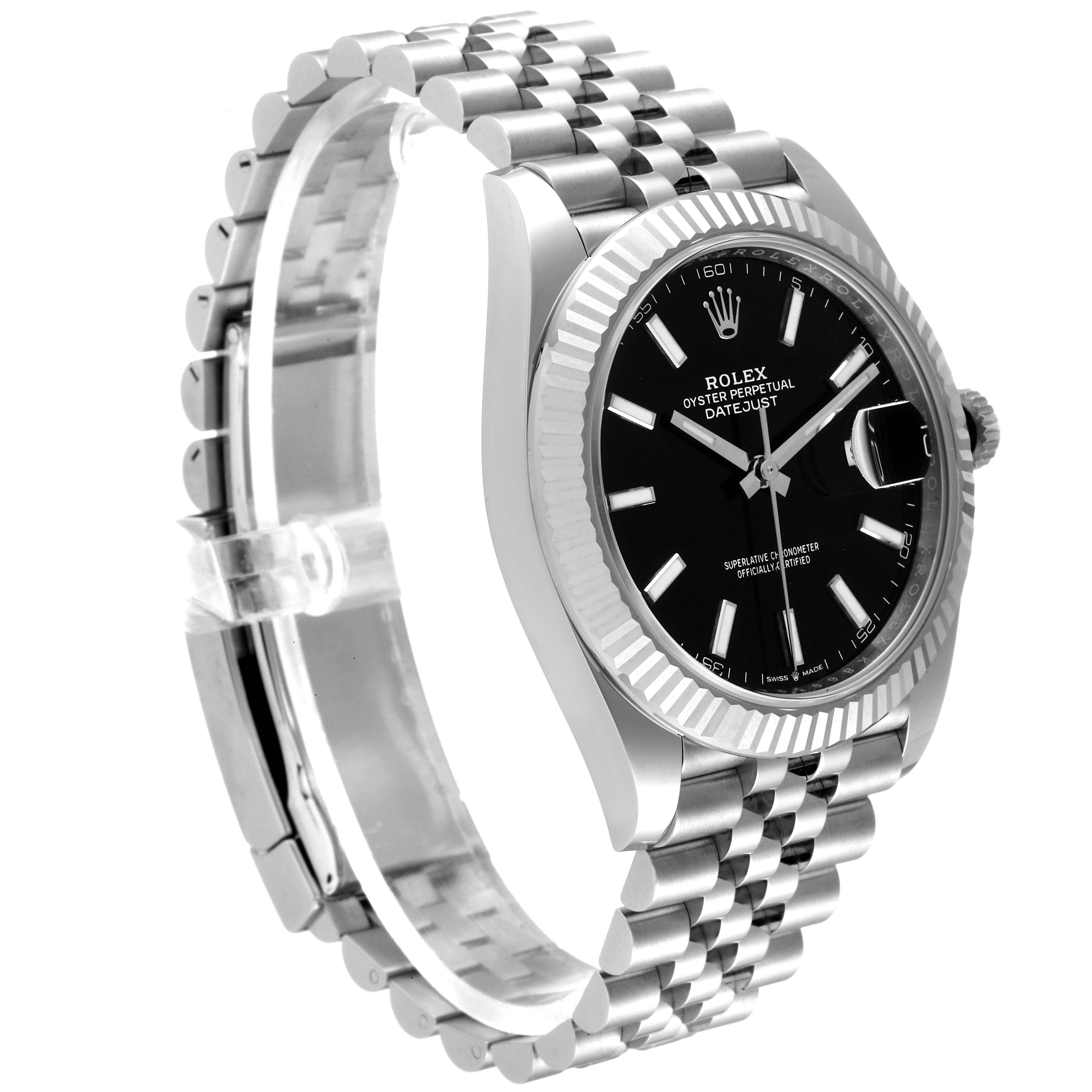 The image shows a side angle of the Rolex Datejust 41 126334 Men
s Stainless Steel Black Dial 126334 Men
s Stainless Steel Black Dial, highlighting its bracelet, black dial, and fluted bezel.