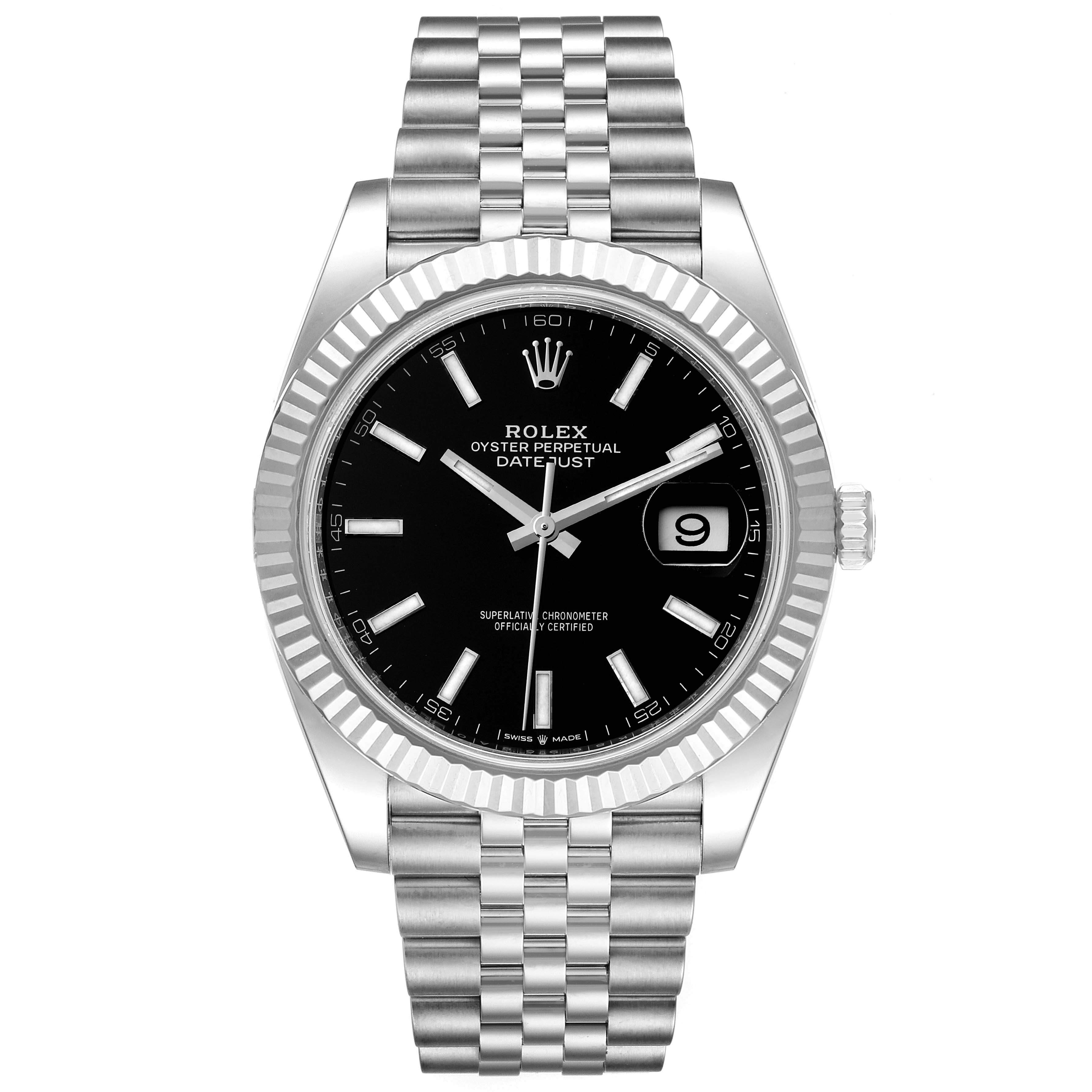 This image shows a front view of the Rolex Datejust 41 126334 Men
s Stainless Steel Black Dial 126334 Men
s Stainless Steel Black Dial model, displaying the dial, bezel, and bracelet.