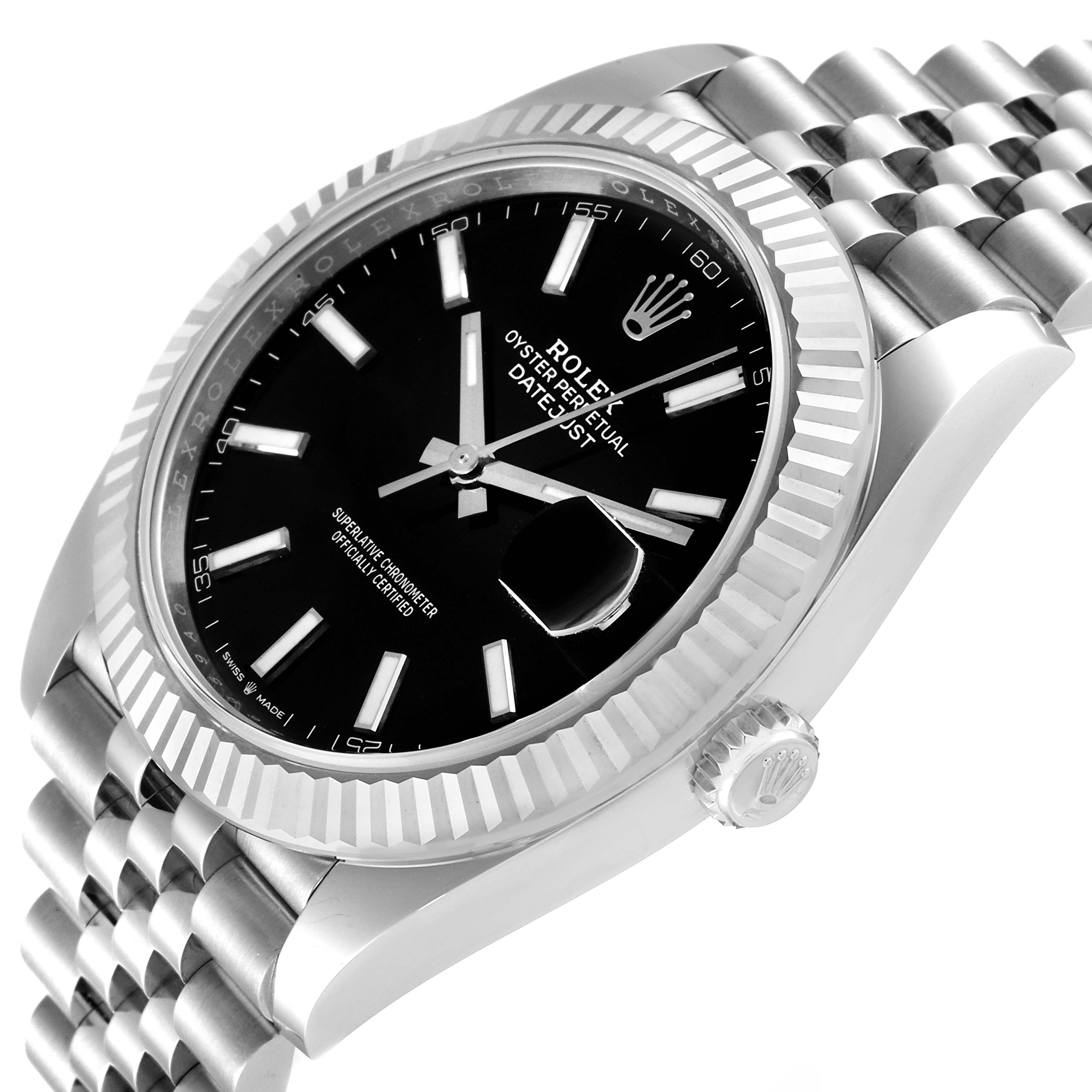 The image shows a Rolex Datejust 41 126334 Men
s Stainless Steel Black Dial 126334 Men
s Stainless Steel Black Dial watch at an angled side view, displaying the bezel, dial, hands, markers, crown, and bracelet.