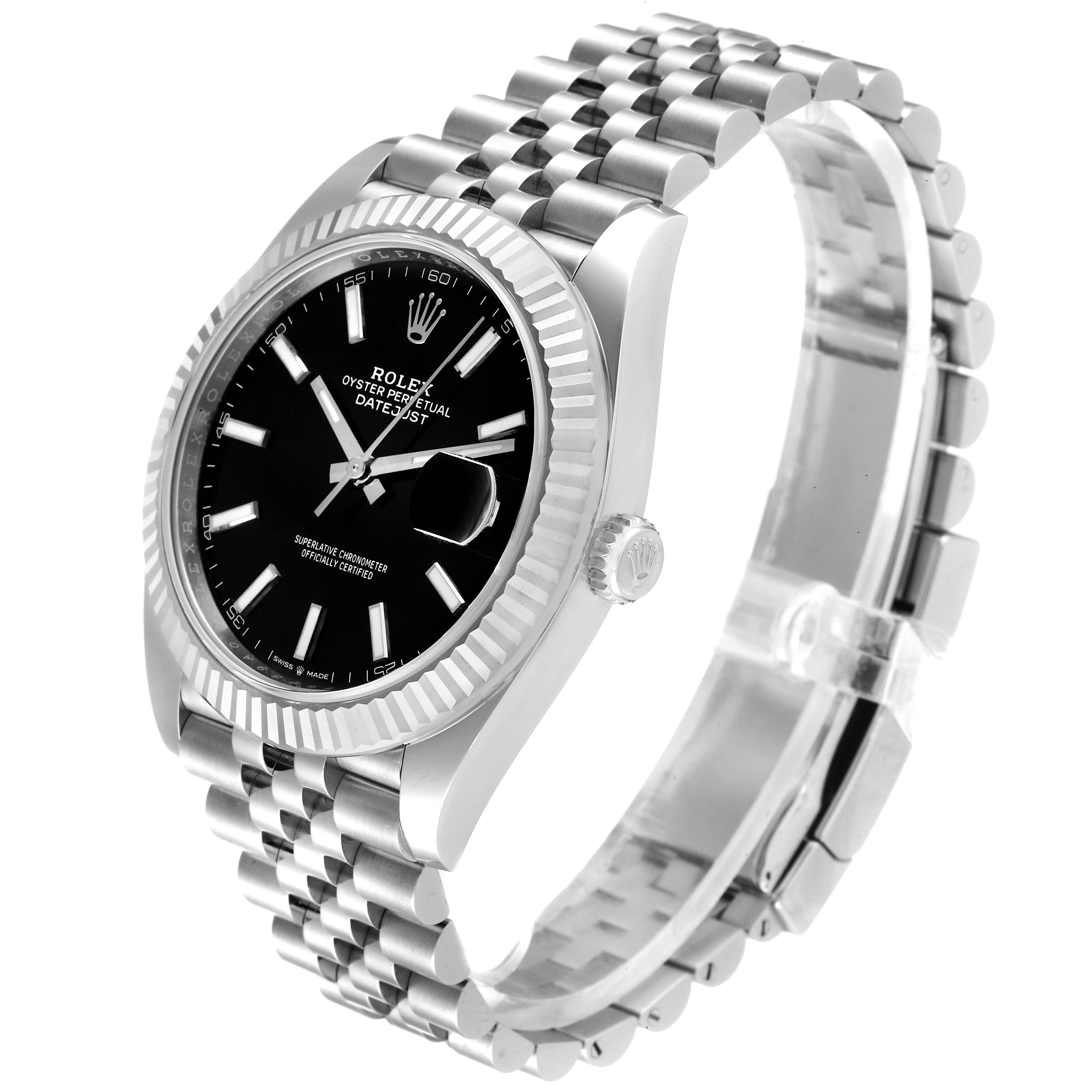 The image shows a Rolex Datejust 41 126334 Men
s Stainless Steel Black Dial 126334 Men
s Stainless Steel Black Dial watch from a three-quarter front angle, highlighting the dial, bezel, crown, and bracelet.