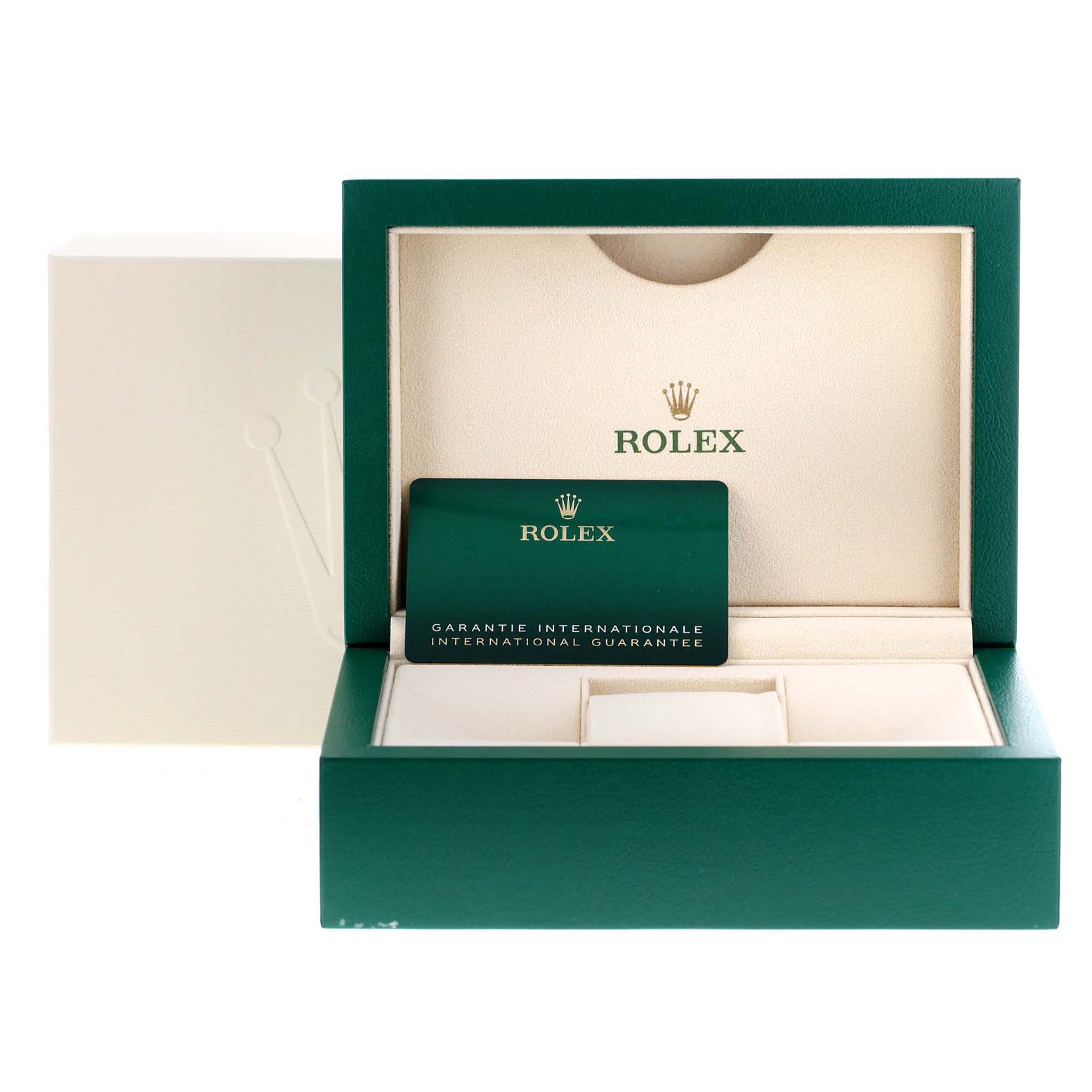 The image shows an open Rolex Datejust 41 126334 Men
s Stainless Steel Black Dial 126334 Men
s Stainless Steel Black Dial watch box containing a green warranty card.