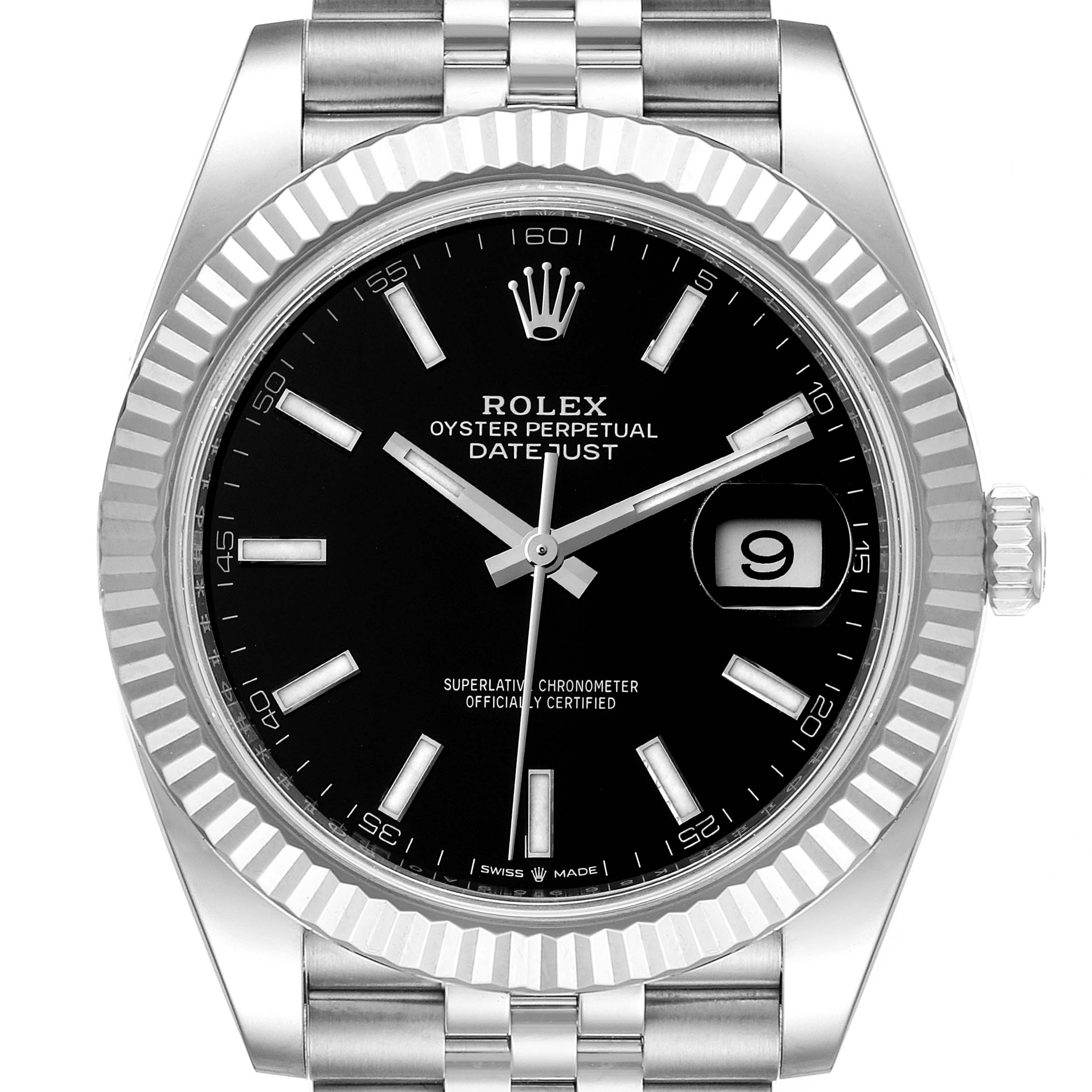 The Rolex Datejust 41 126334 Men
s Stainless Steel Black Dial 126334 Men
s Stainless Steel Black Dial watch is shown from the front, displaying the dial, bezel, crown, and part of the bracelet.