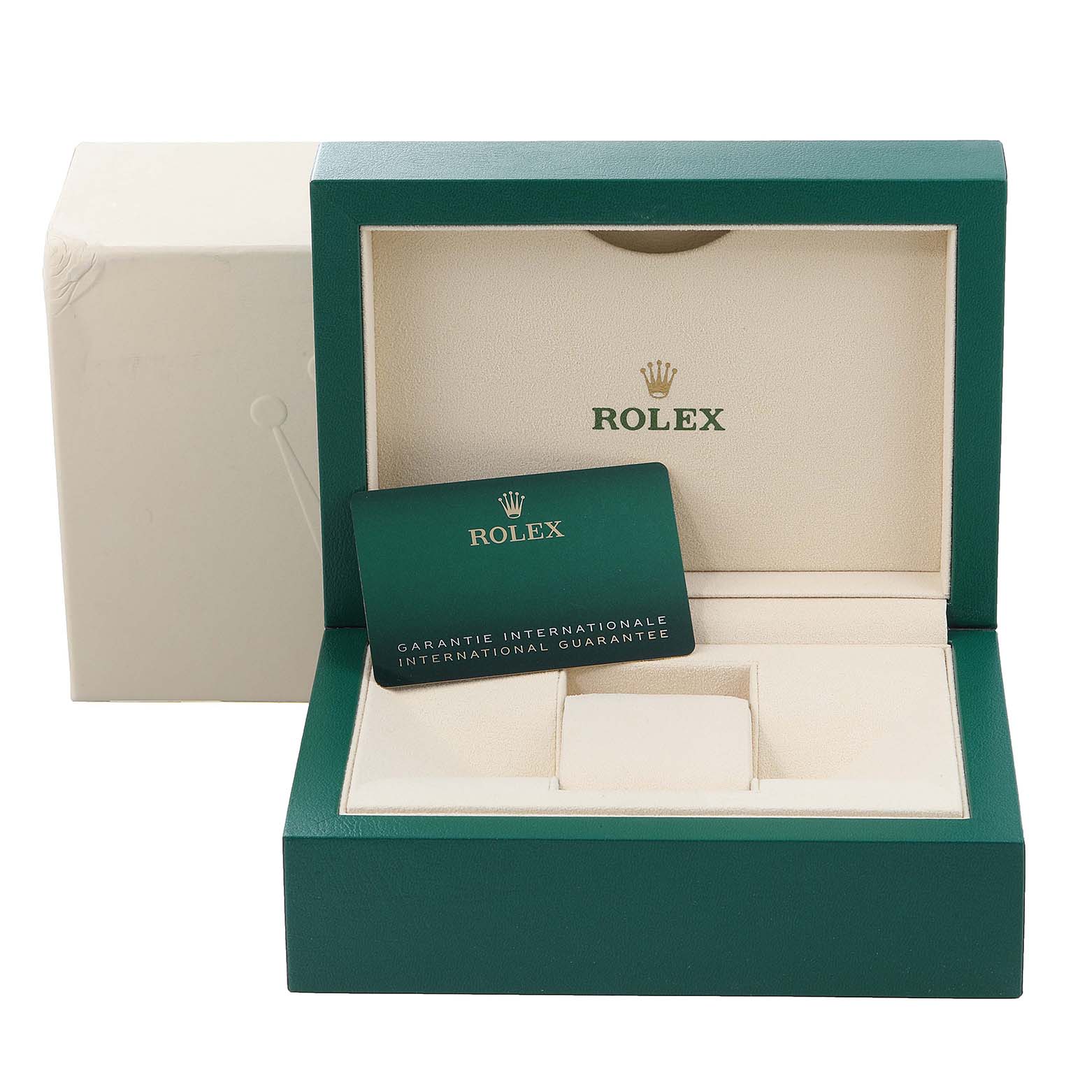 This image shows a Rolex Datejust 41 126334 Men
s Stainless Steel Black Dial 126334 Men
s Stainless Steel Black Dial watch
s green and beige box with an international guarantee card inside.