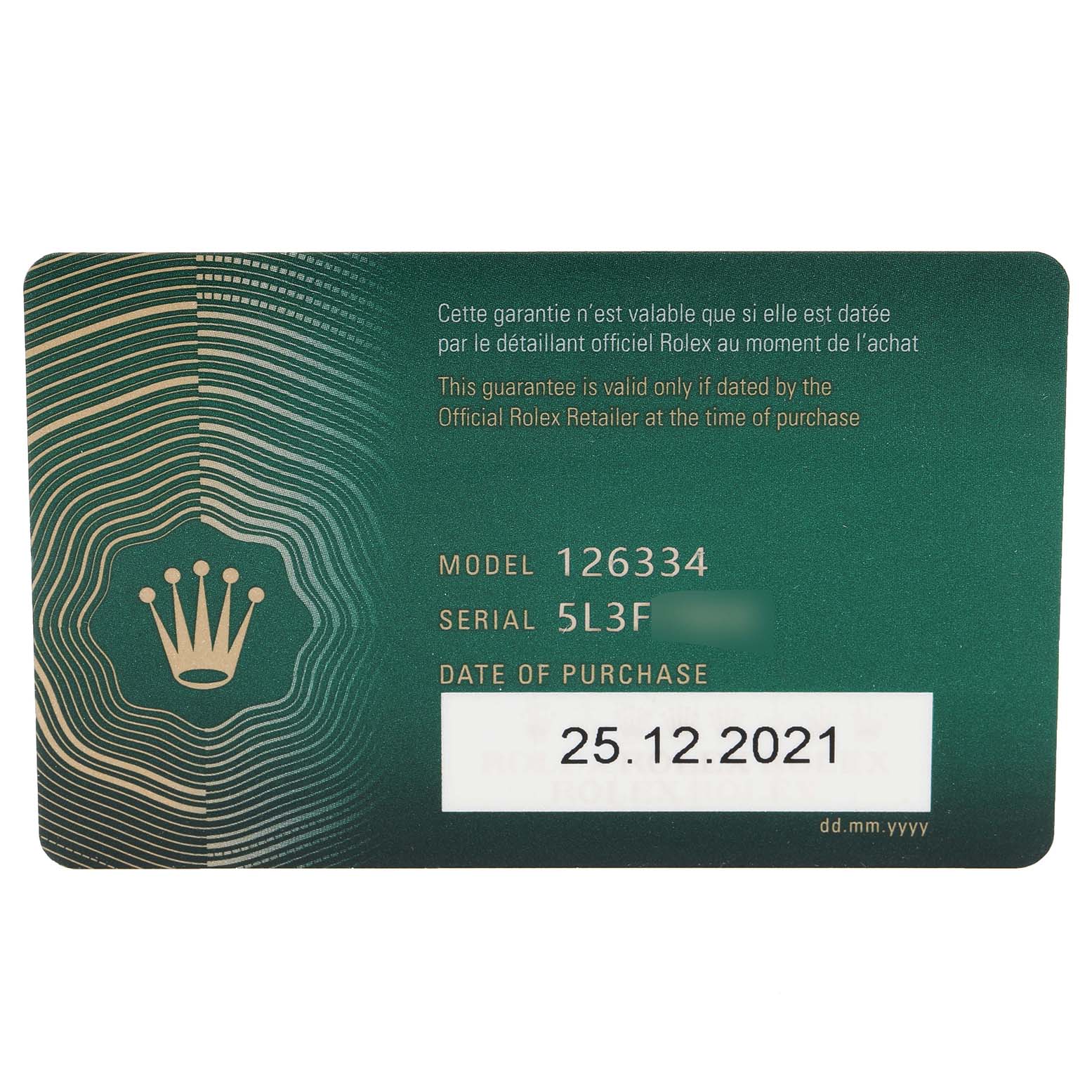 This image shows the warranty card for the Rolex Datejust 41 126334 Men
s Stainless Steel Black Dial 126334 Men
s Stainless Steel Black Dial model 126334 with the date of purchase displayed.