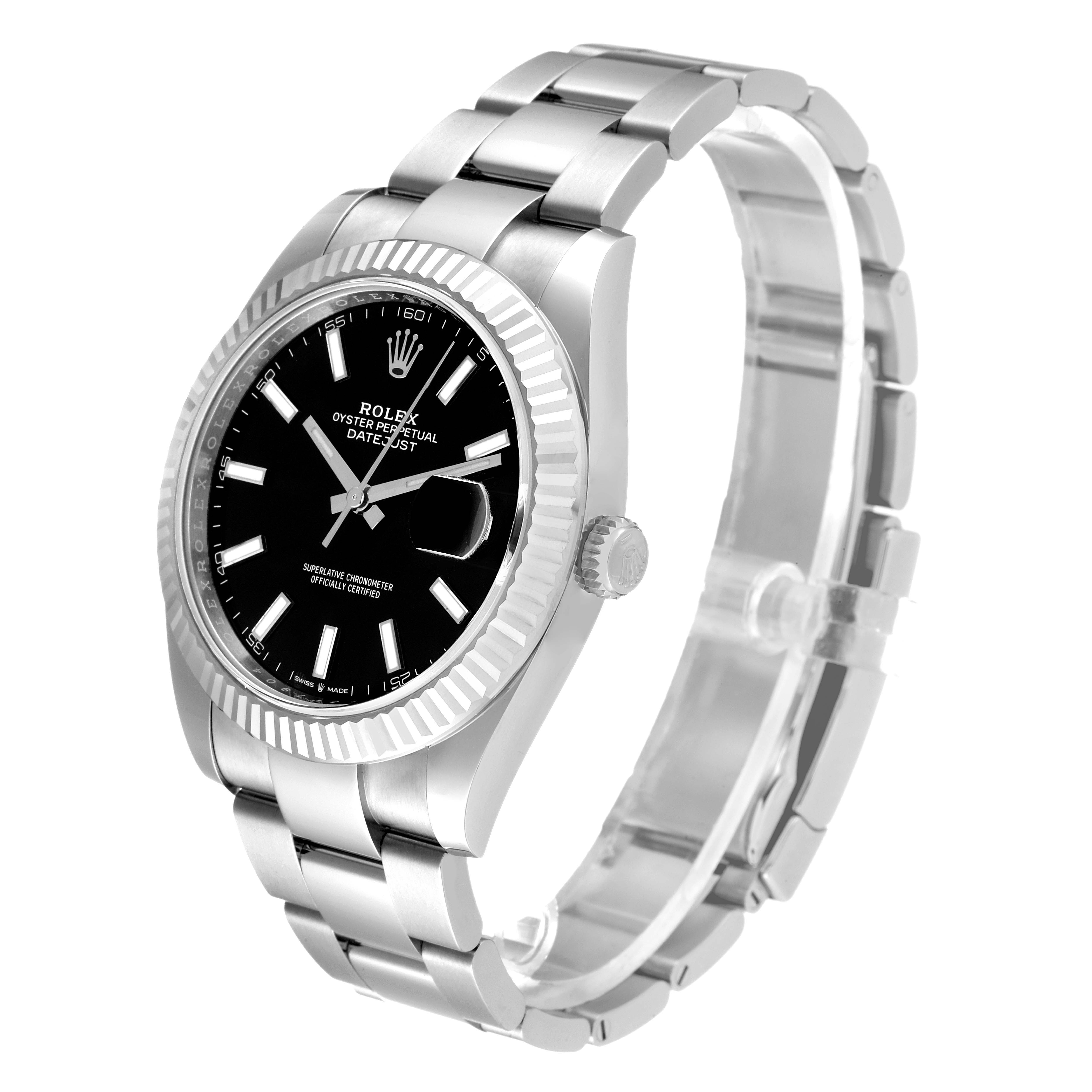 The image shows a Rolex Datejust 41 126334 Men
s Stainless Steel Black Dial 126334 Men
s Stainless Steel Black Dial watch at an angled side view, highlighting its black dial, fluted bezel, and metal bracelet.