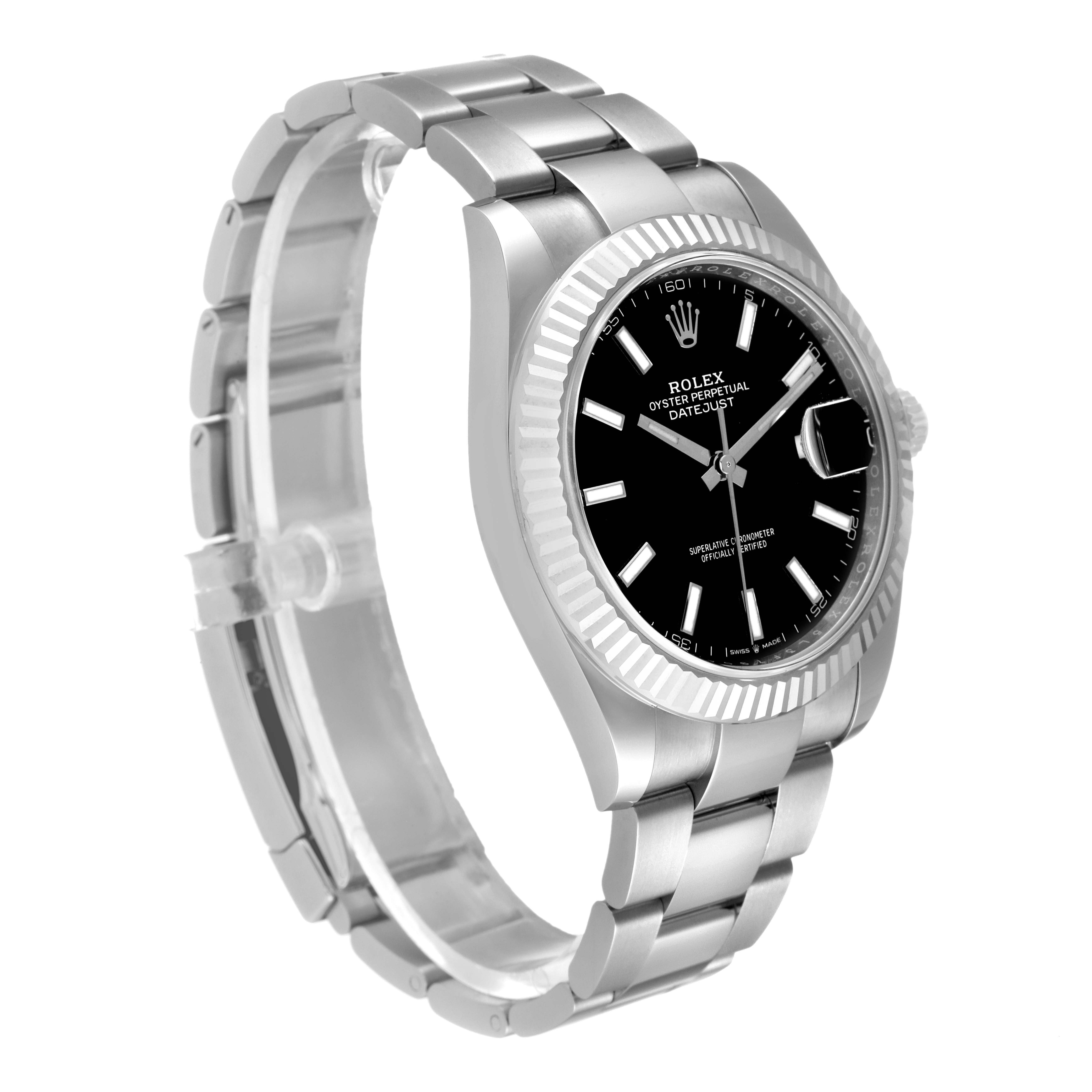 The image shows a Rolex Datejust 41 126334 Men
s Stainless Steel Black Dial 126334 Men
s Stainless Steel Black Dial watch at an angled side view, featuring its black dial and stainless steel bracelet.