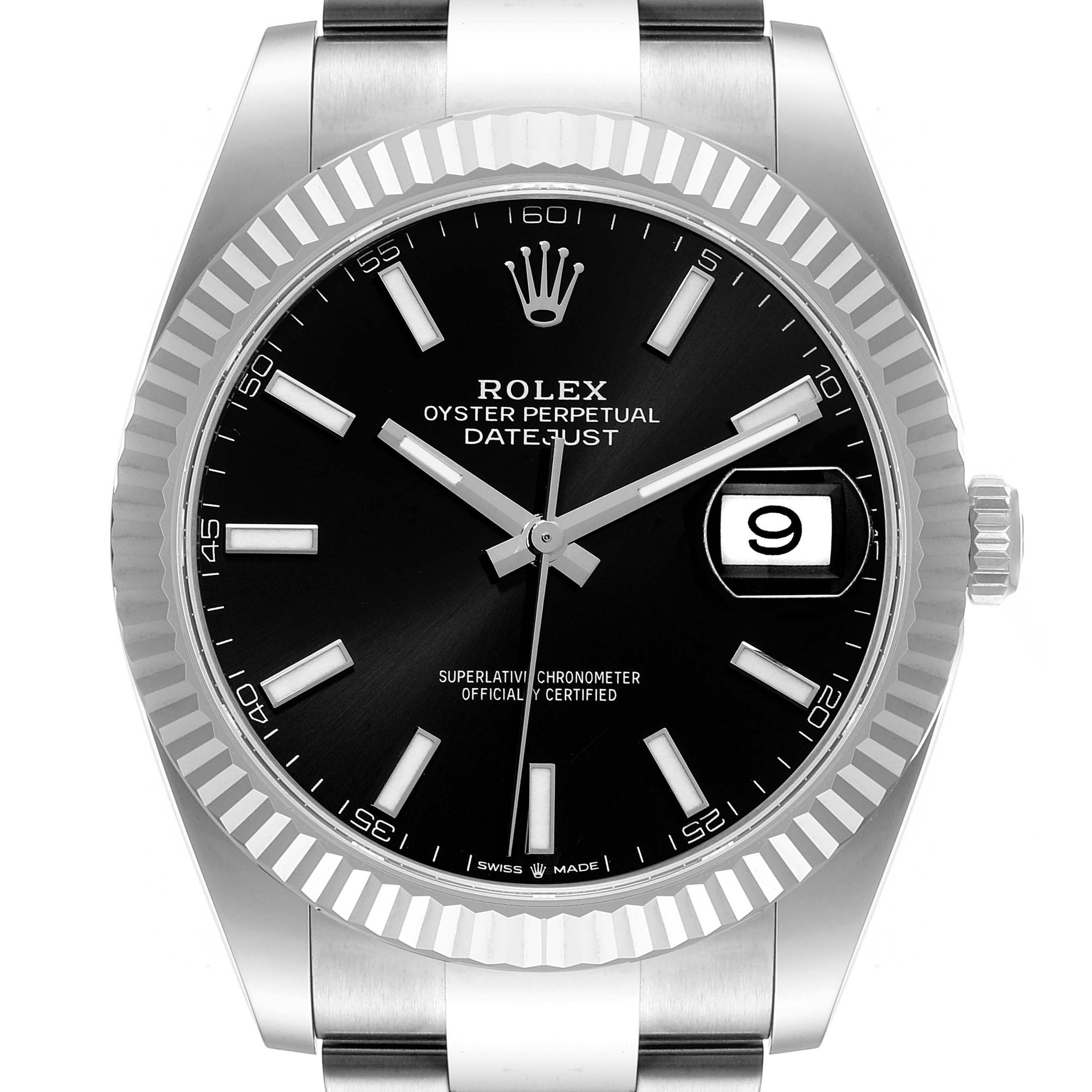 This image shows a front view of the Rolex Datejust 41 126334 Men
s Stainless Steel Black Dial 126334 Men
s Stainless Steel Black Dial watch with a black dial and a fluted bezel.
