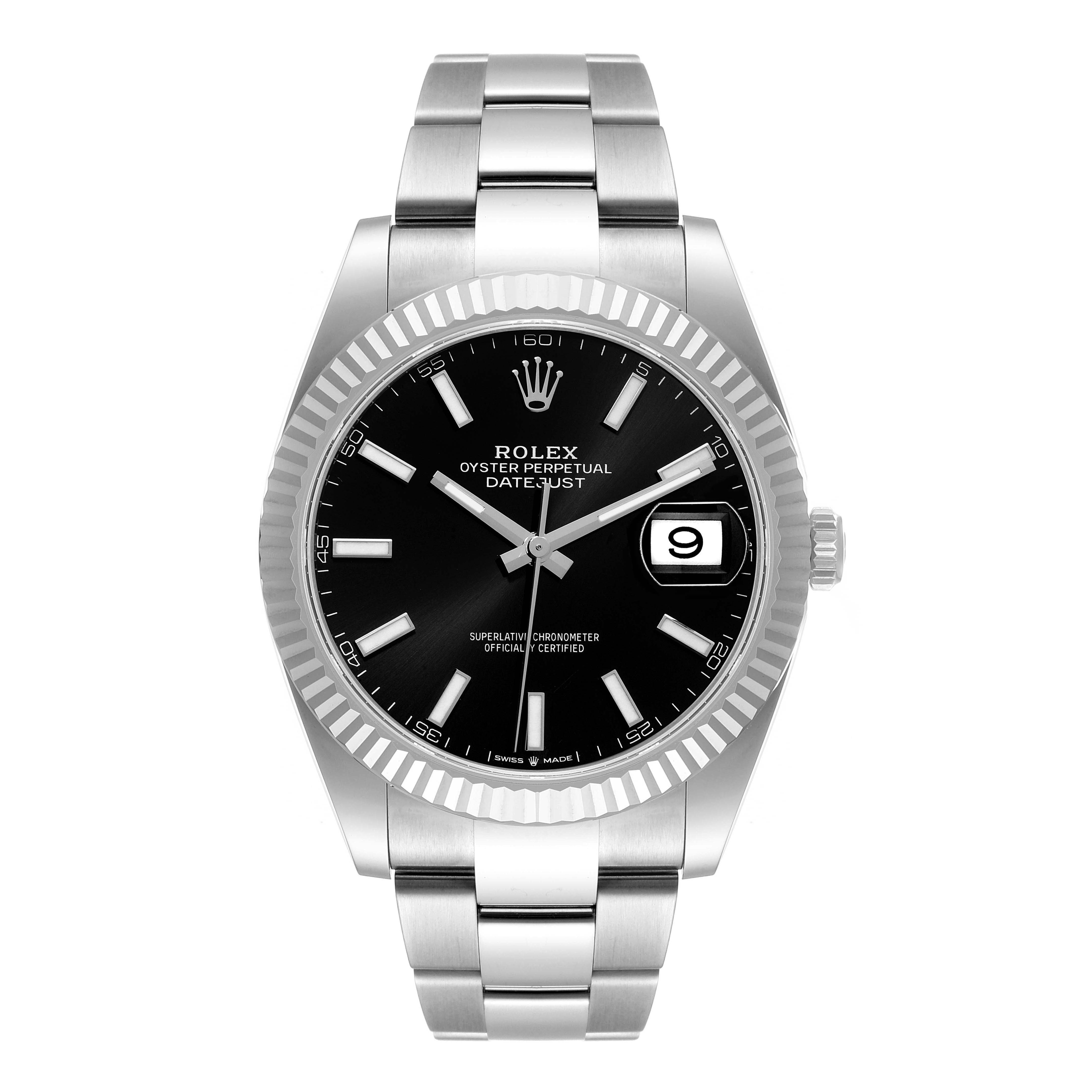 The image shows a frontal view of the Rolex Datejust 41 126334 Men
s Stainless Steel Black Dial 126334 Men
s Stainless Steel Black Dial, highlighting the dial, bezel, and bracelet.