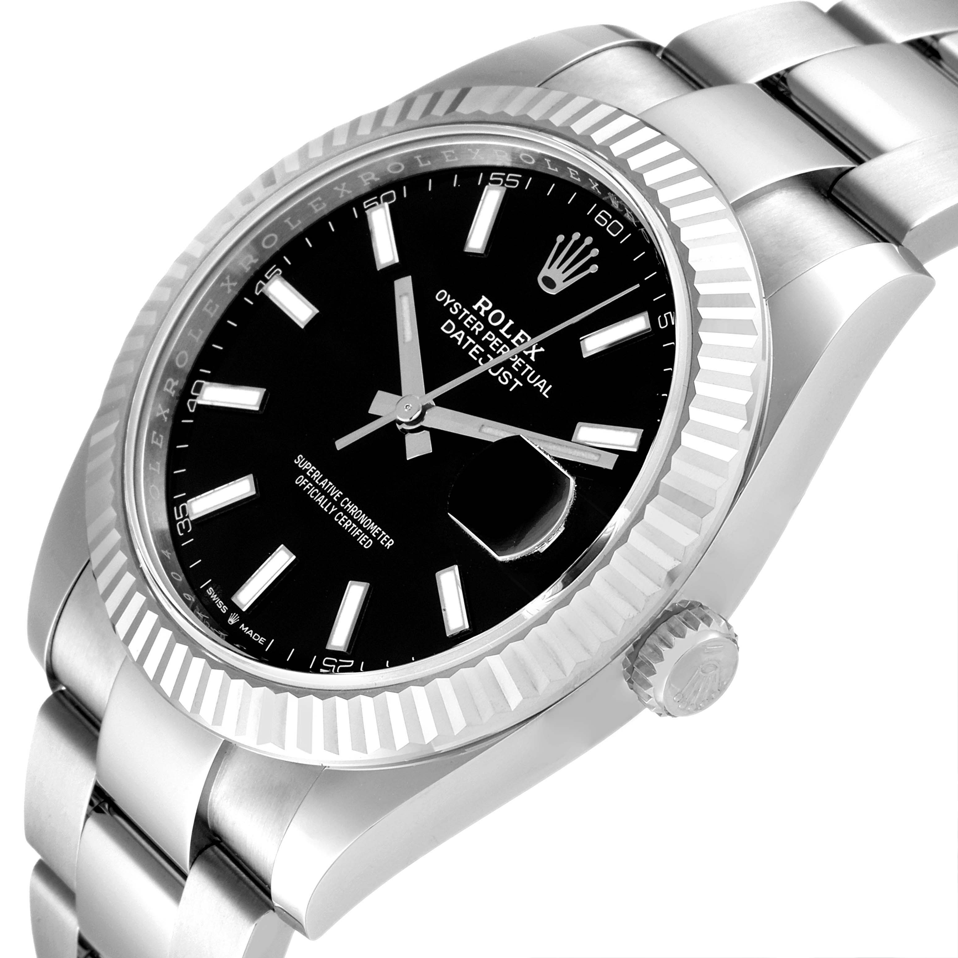 The image shows a close-up angled view of the Rolex Datejust 41 126334 Men
s Stainless Steel Black Dial 126334 Men
s Stainless Steel Black Dial watch, highlighting its dial, bezel, crown, and part of the bracelet.