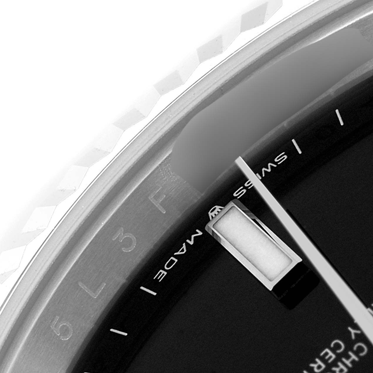 This image shows a close-up of the dial and bezel of the Rolex Datejust 41 126334 Men
s Stainless Steel Black Dial 126334 Men
s Stainless Steel Black Dial, highlighting the "Swiss Made" text and minute markers.