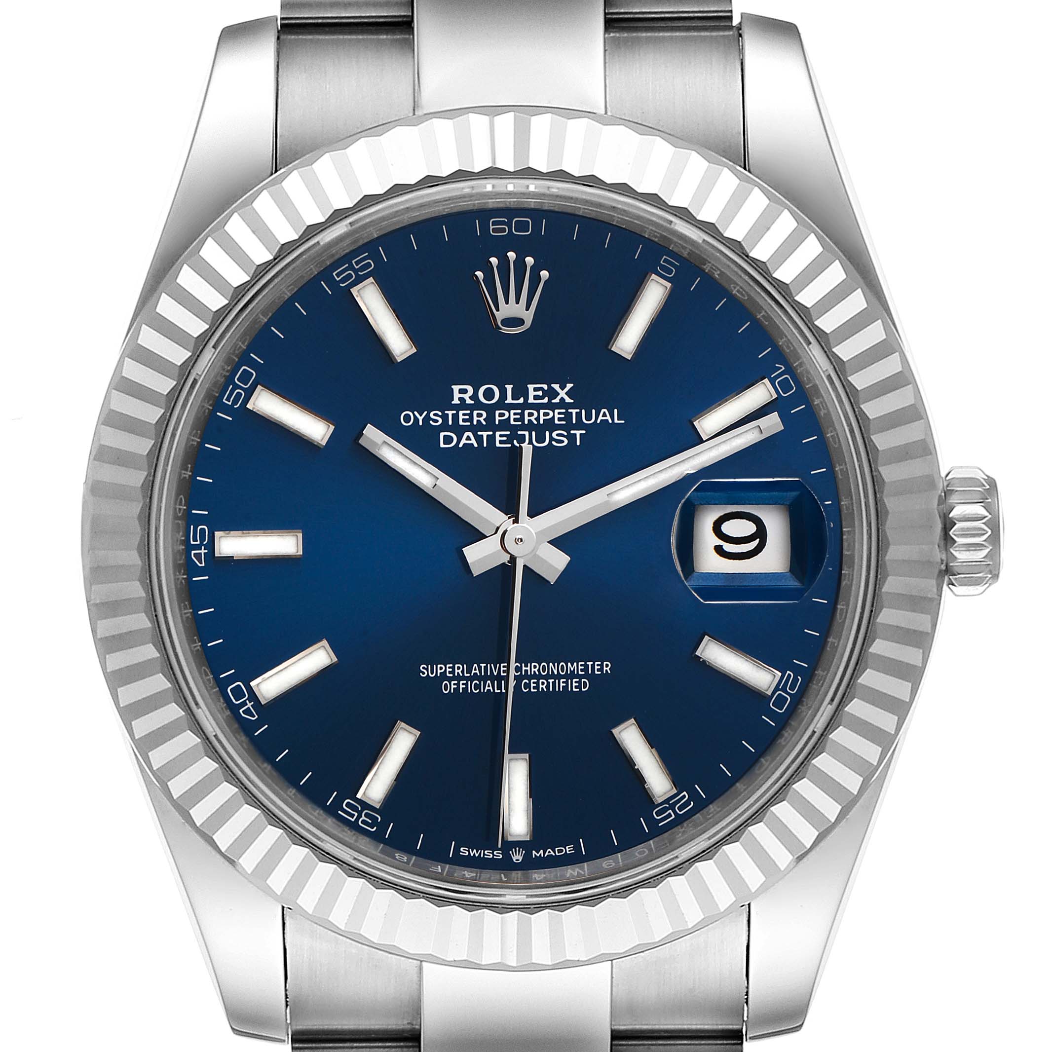 The image shows a front view of a Rolex Datejust 41 126334 Men
s Stainless Steel Blue Dial 126334 Men
s Stainless Steel Blue Dial watch with a blue dial, fluted bezel, and Jubilee bracelet.