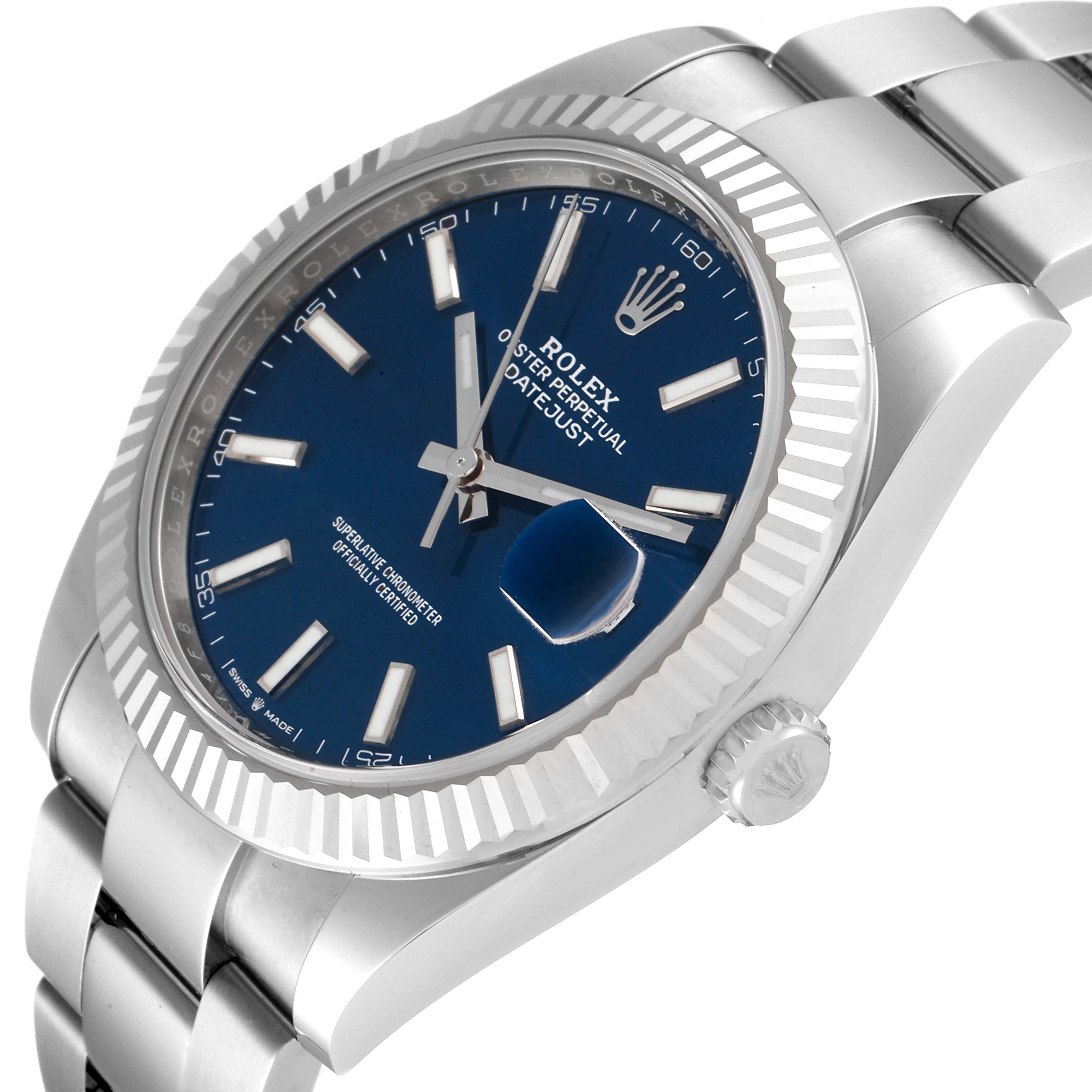 The image shows a Rolex Datejust 41 126334 Men
s Stainless Steel Blue Dial 126334 Men
s Stainless Steel Blue Dial watch angled from the front and right, displaying the dial, bezel, bracelet, and crown.