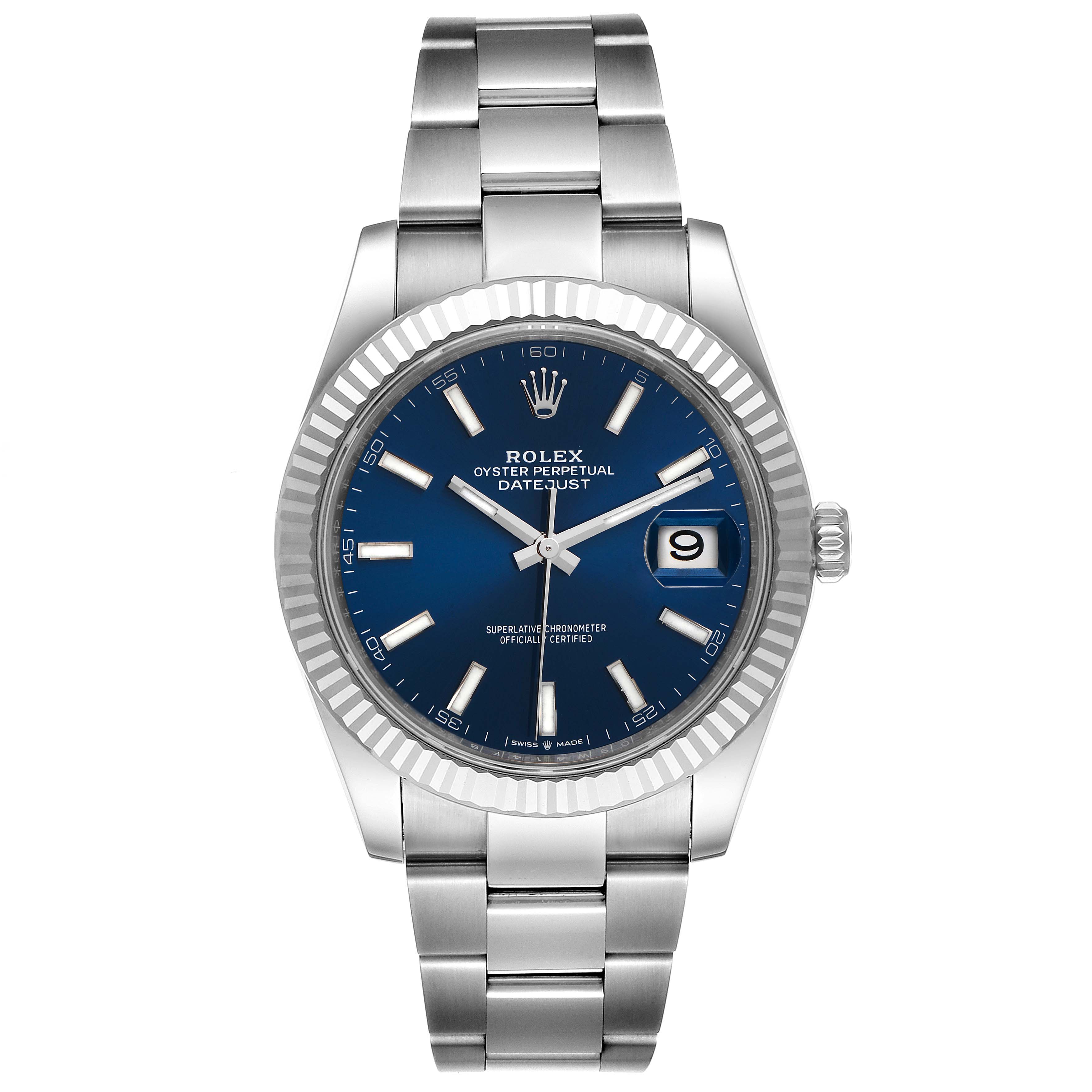 The image shows a front view of a Rolex Datejust 41 126334 Men
s Stainless Steel Blue Dial 126334 Men
s Stainless Steel Blue Dial watch with a blue dial and stainless steel bracelet.