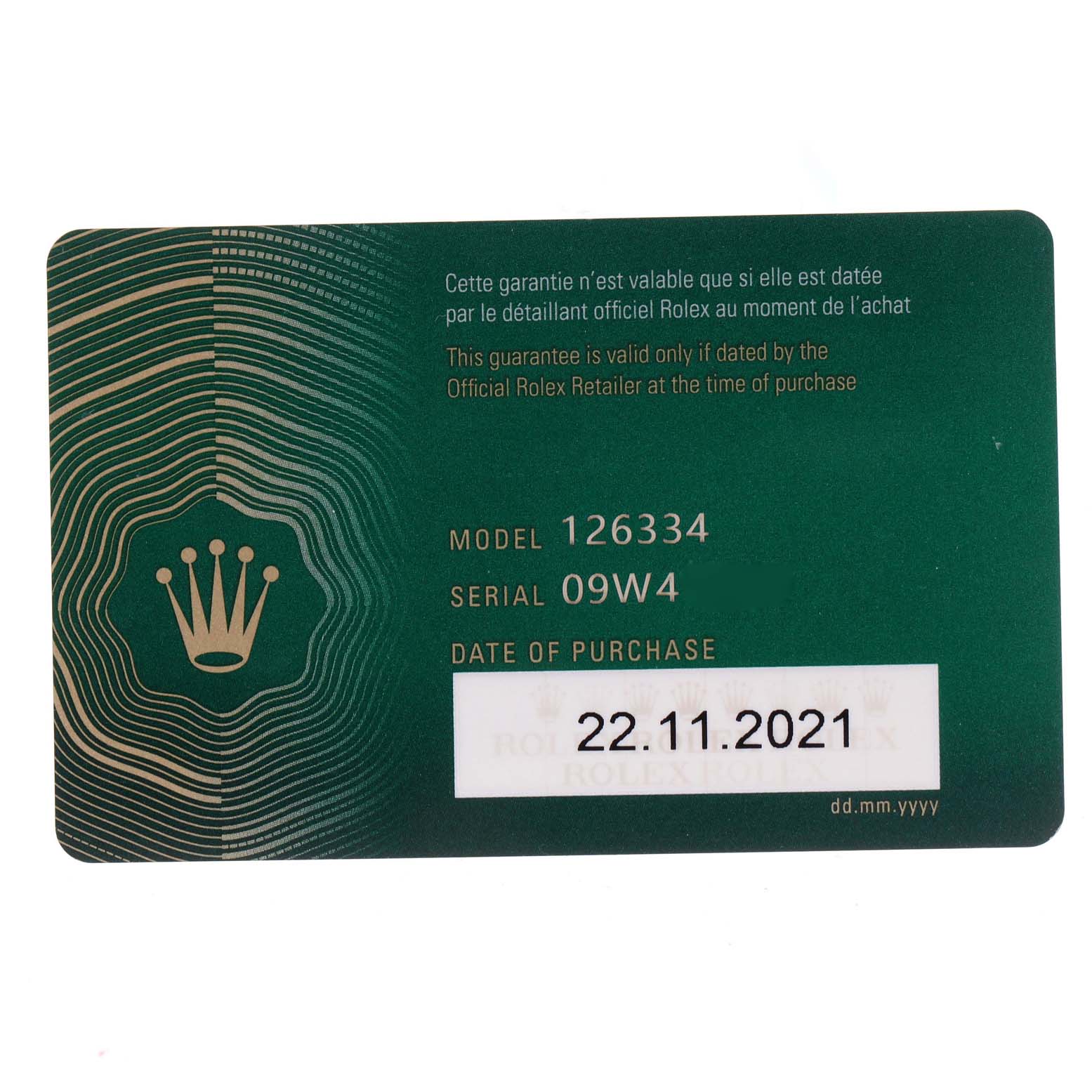 This image shows a warranty card for the Rolex Datejust 41 126334 Men
s Stainless Steel Blue Dial 126334 Men
s Stainless Steel Blue Dial model, displaying the model, serial number, and purchase date.