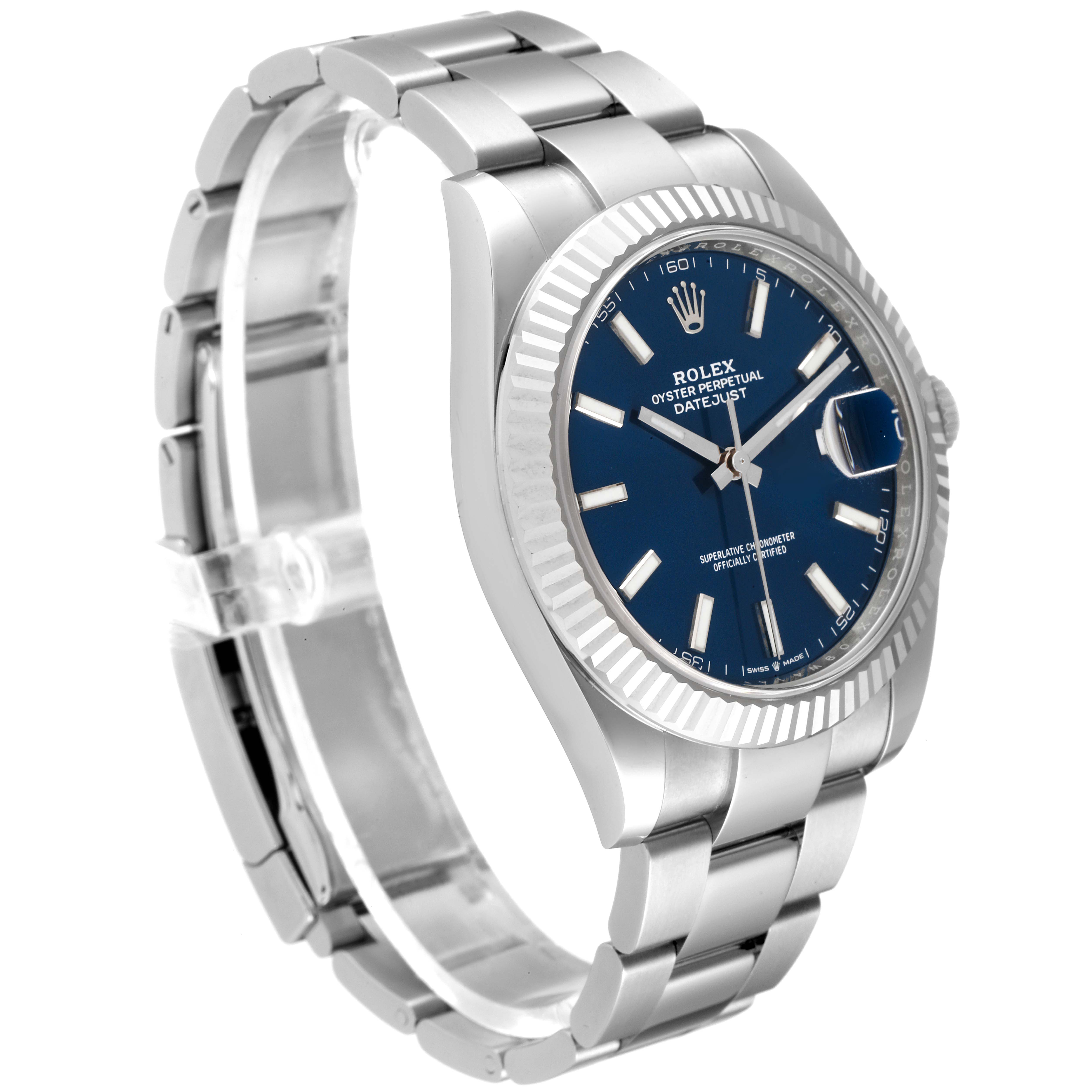 The Rolex Datejust 41 126334 Men
s Stainless Steel Blue Dial 126334 Men
s Stainless Steel Blue Dial watch is shown from a three-quarter view, displaying the face, bezel, and bracelet.