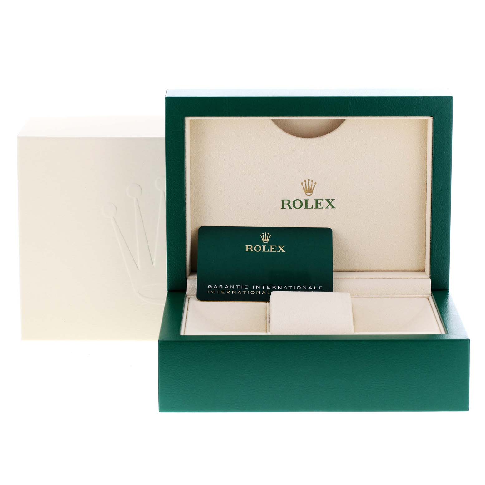 The image shows a Rolex Datejust 41 126334 Men
s Stainless Steel Blue Dial 126334 Men
s Stainless Steel Blue Dial box with a warranty card placed inside the open case.