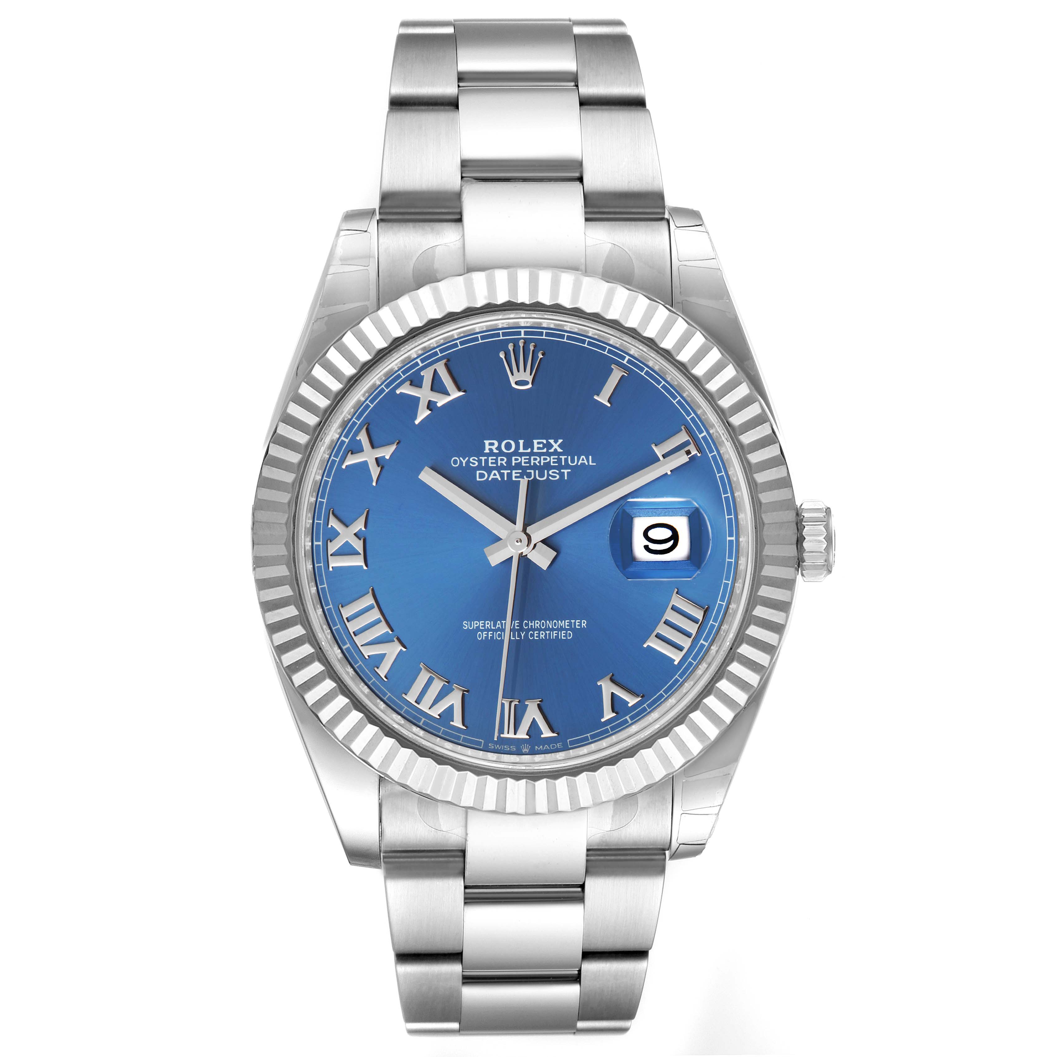 This image shows a frontal view of the Rolex Datejust 41 126334 Men's Stainless Steel Blue Dial 126334 Men's Stainless Steel Blue Dial watch, displaying its blue dial, date window, and stainless steel bracelet.