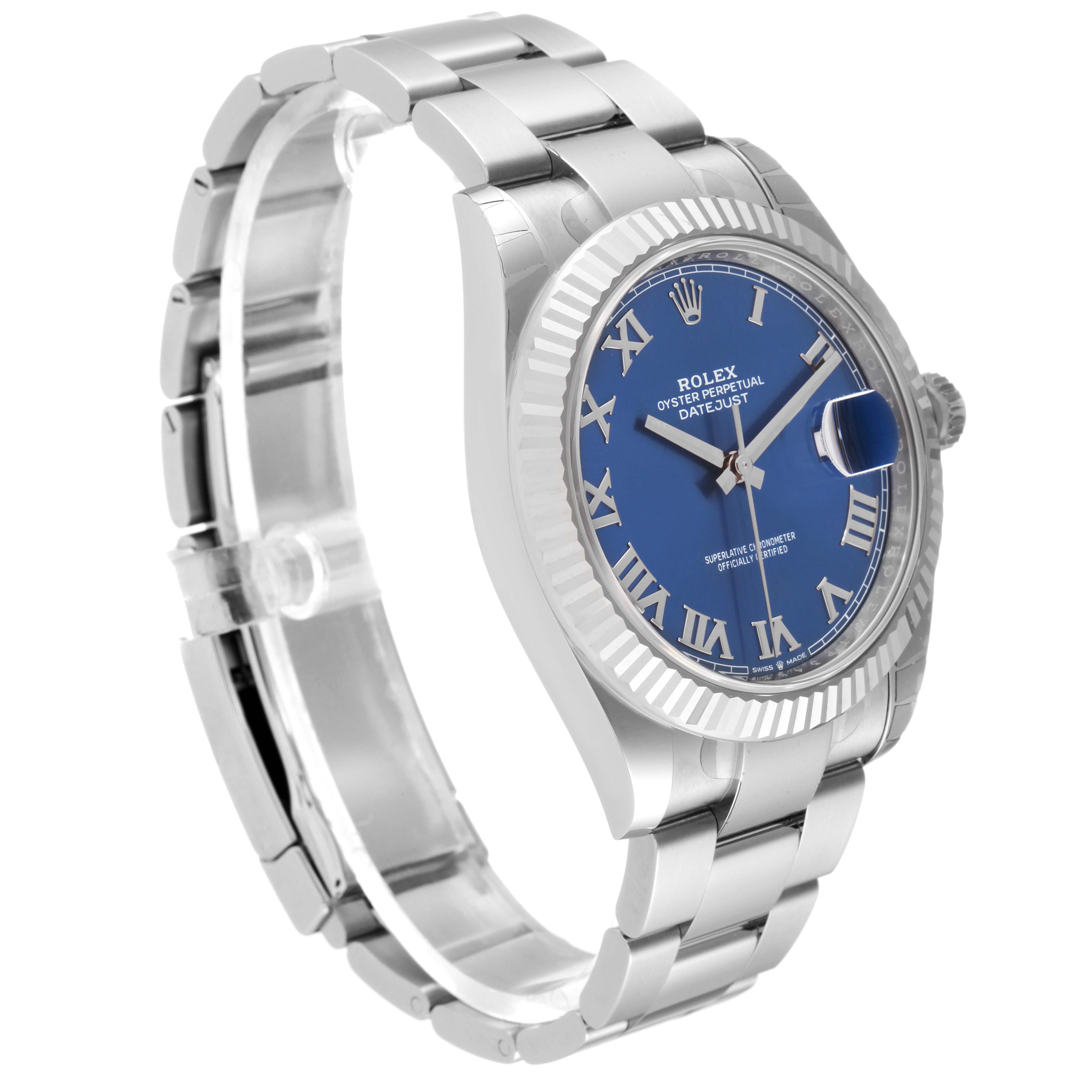 The Rolex Datejust 41 126334 Men's Stainless Steel Blue Dial 126334 Men's Stainless Steel Blue Dial is shown at an angle highlighting the bezel, dial, bracelet, and crown.