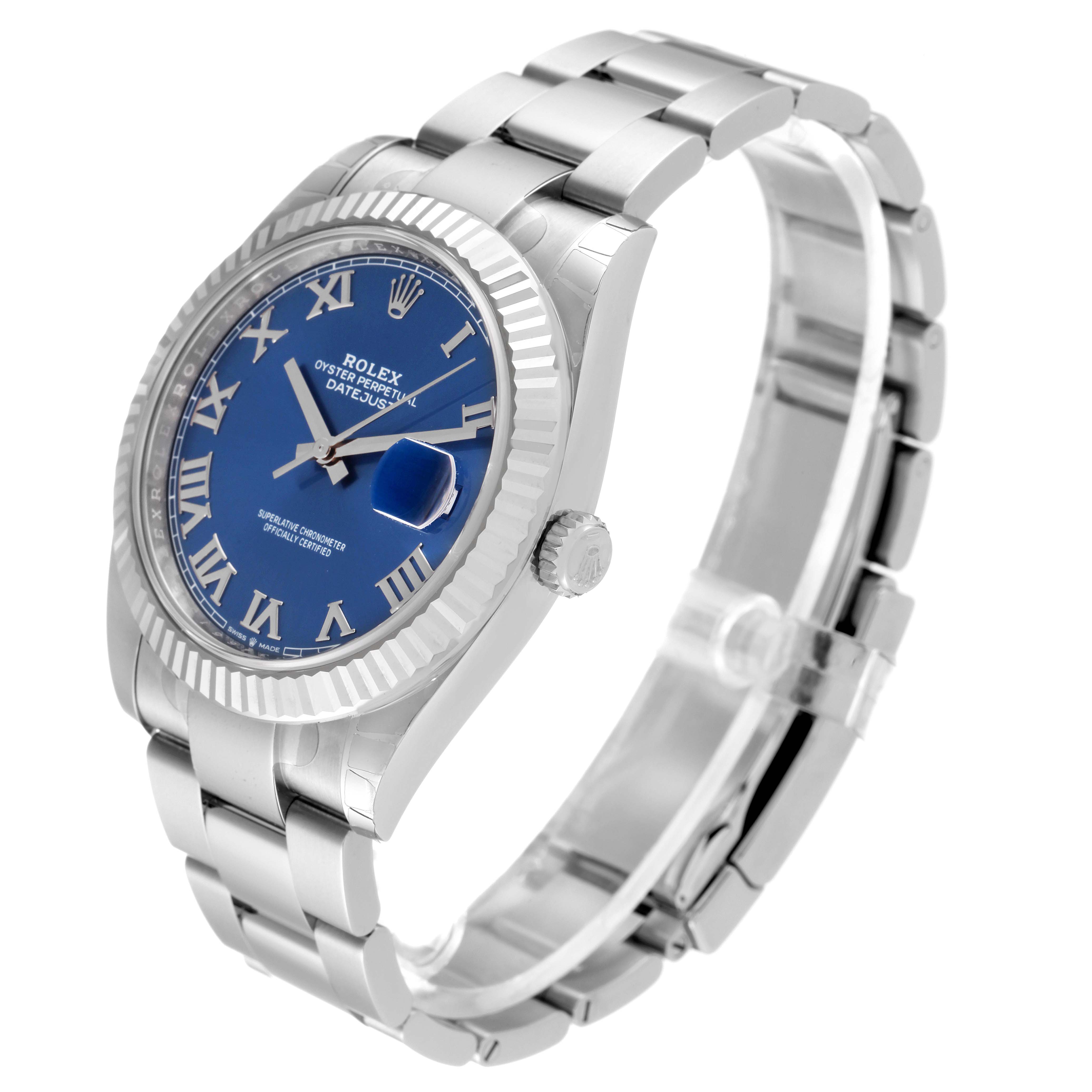 The image shows a Rolex Datejust 41 126334 Men's Stainless Steel Blue Dial 126334 Men's Stainless Steel Blue Dial model watch from an angled side view, highlighting its blue dial, fluted bezel, and metal bracelet.