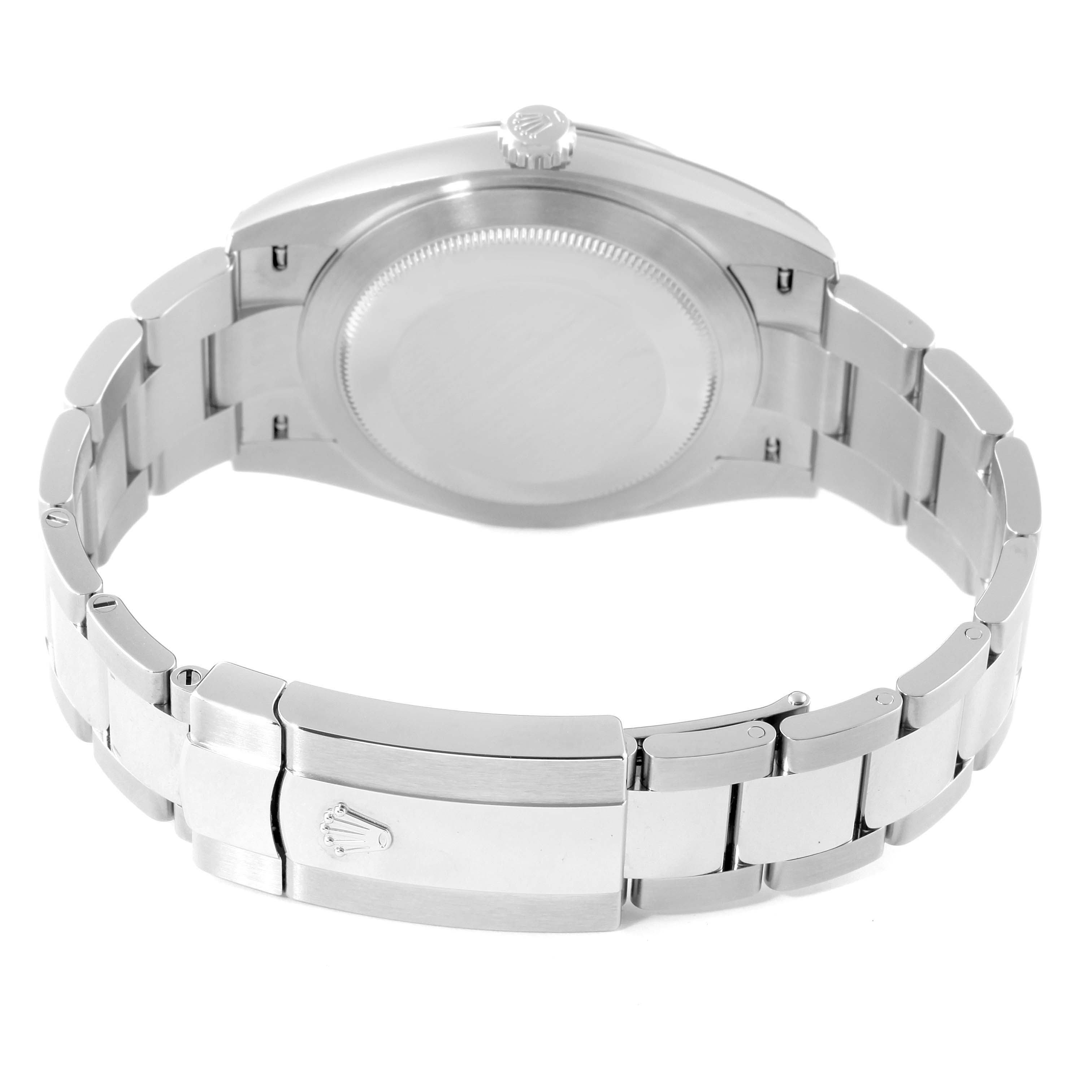 This image shows the back and bracelet of a Rolex Datejust 41 126334 Men's Stainless Steel Blue Dial 126334 Men's Stainless Steel Blue Dial watch, including the clasp with the Rolex crown logo.