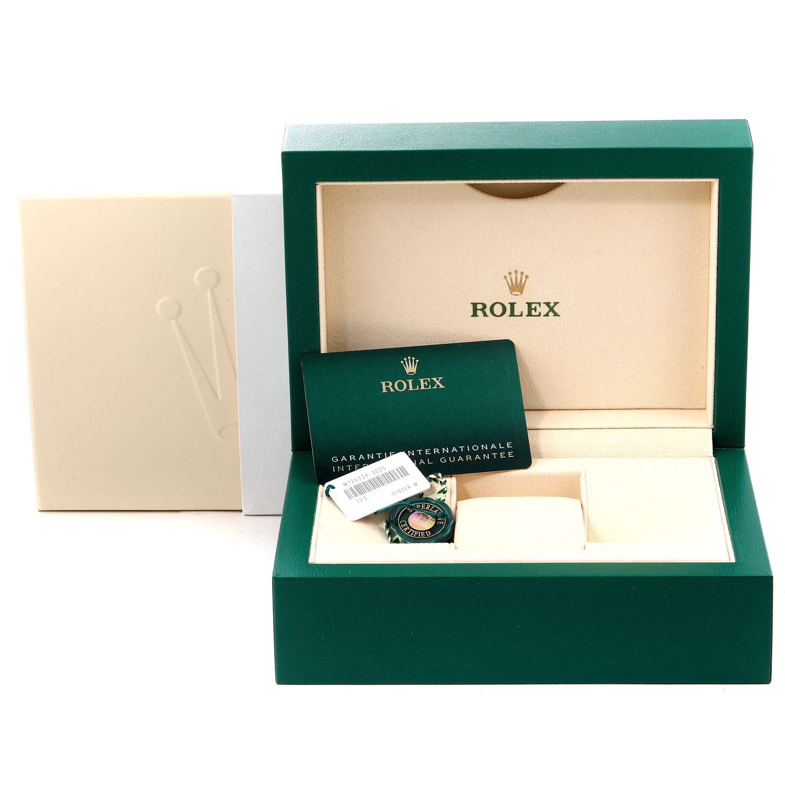 This image shows the packaging and warranty card for a Rolex Datejust 41 126334 Men's Stainless Steel Blue Dial 126334 Men's Stainless Steel Blue Dial watch, including the box and international guarantee card.