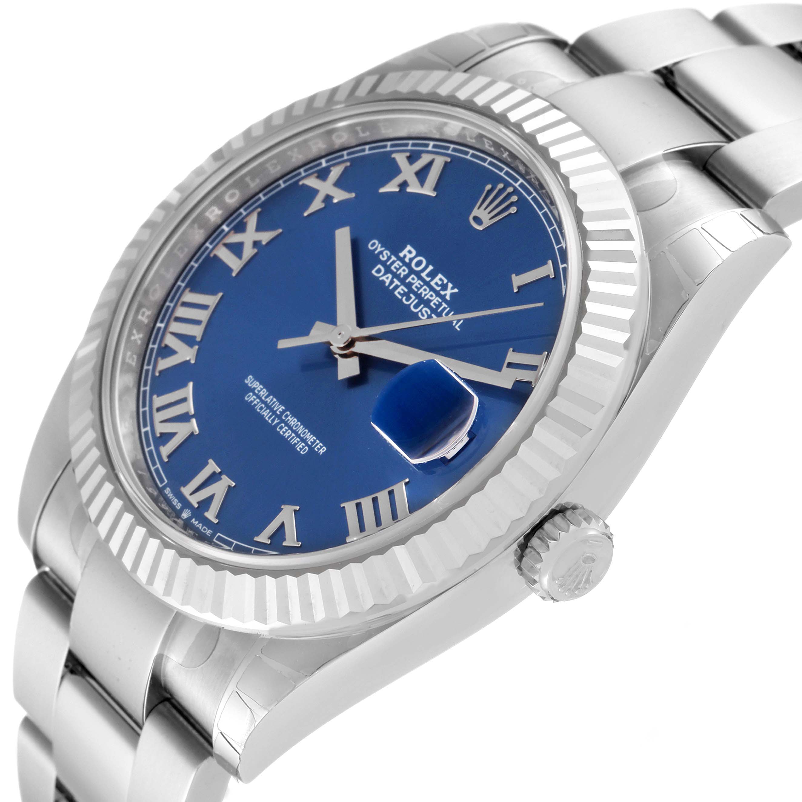 The image shows the Rolex Datejust 41 126334 Men's Stainless Steel Blue Dial 126334 Men's Stainless Steel Blue Dial watch from an angled side view, showcasing its blue dial, fluted bezel, and stainless steel bracelet.