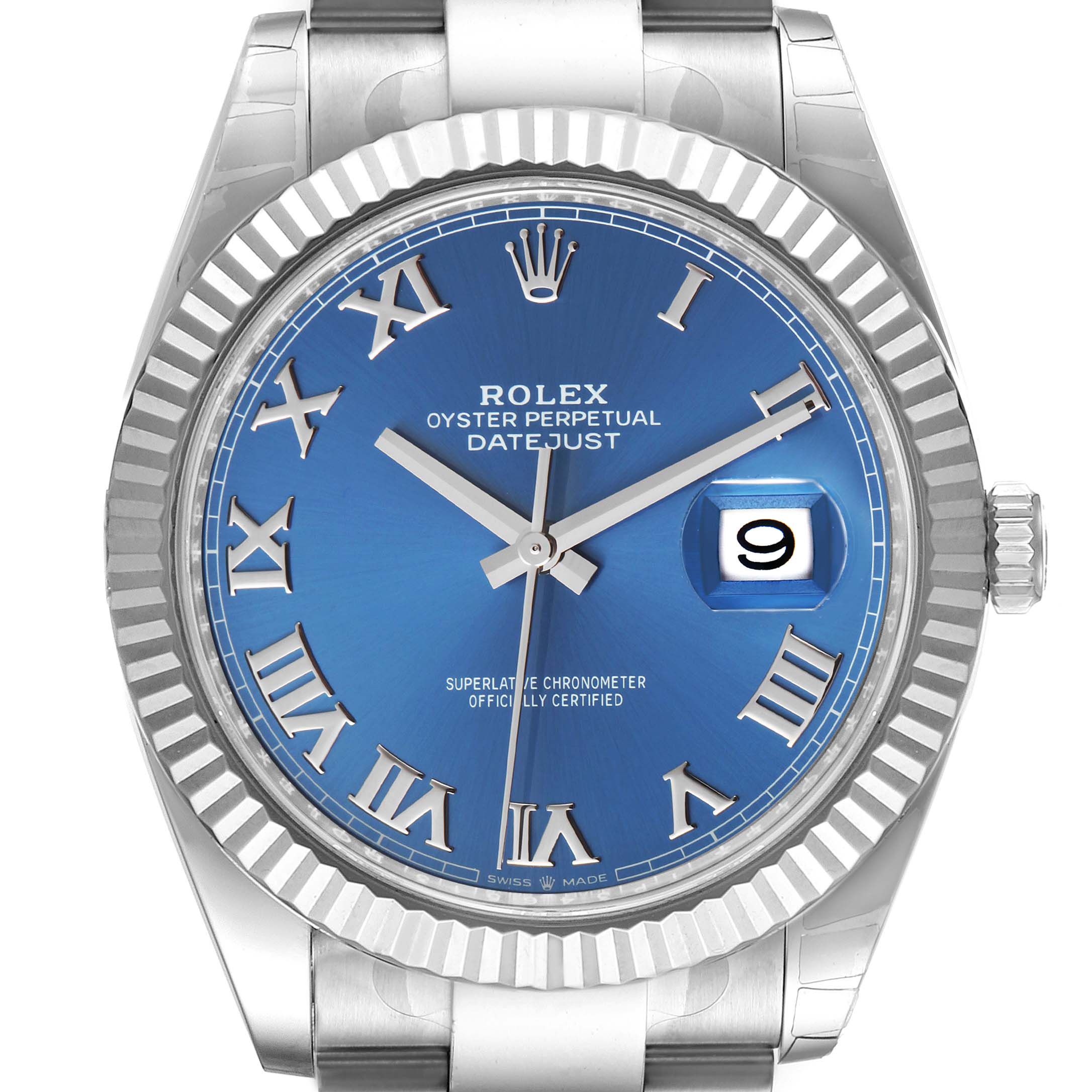 This image shows a front view of a Rolex Datejust 41 126334 Men's Stainless Steel Blue Dial 126334 Men's Stainless Steel Blue Dial watch, highlighting its dial, bezel, and part of the bracelet.