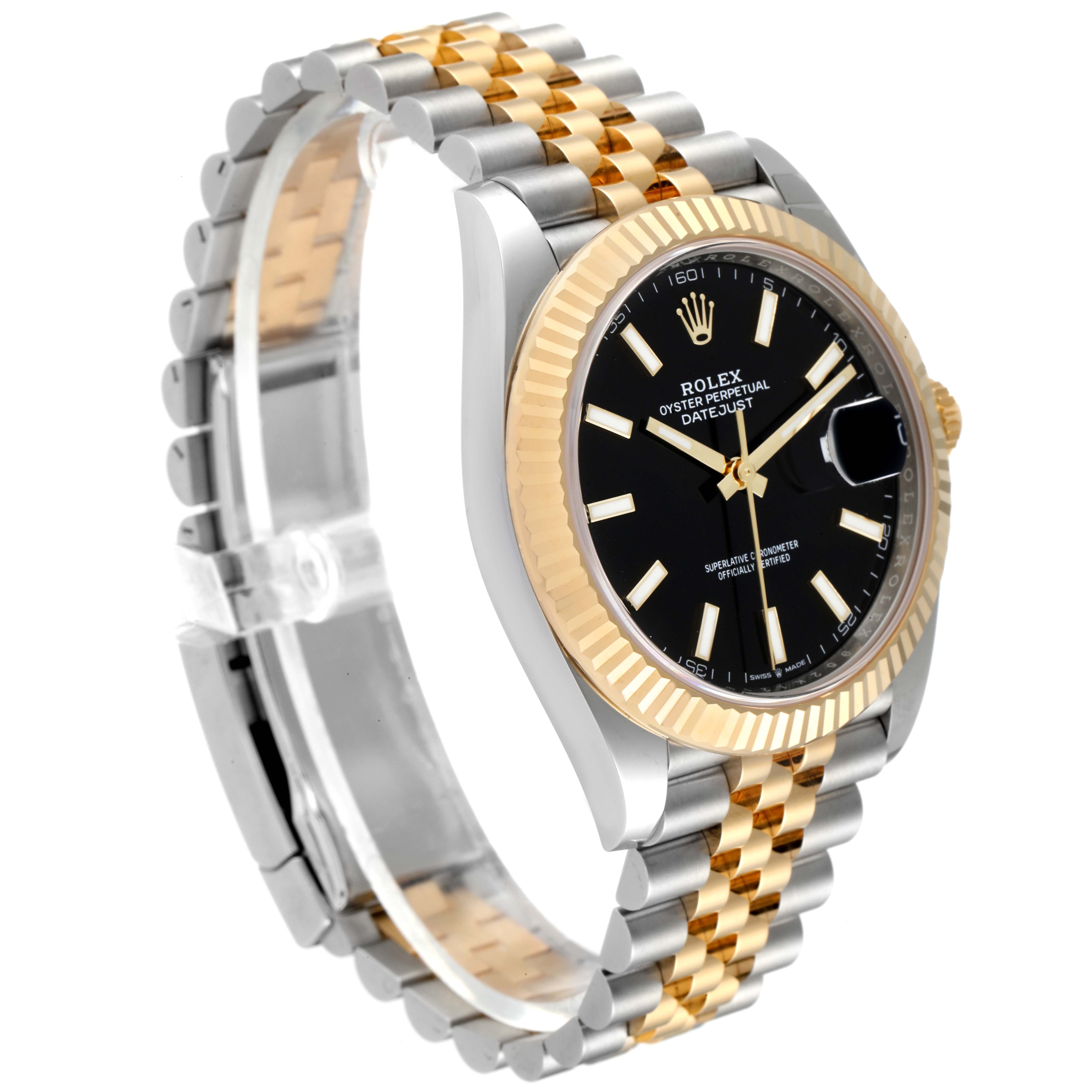 The image shows a Rolex Datejust 41 126333 Men's Steel and Gold (two tone) Black Dial 126333 Men's Steel and Gold (two tone) Black Dial model from a side angle, displaying the gold and silver two-tone bracelet, black dial, and fluted bezel.