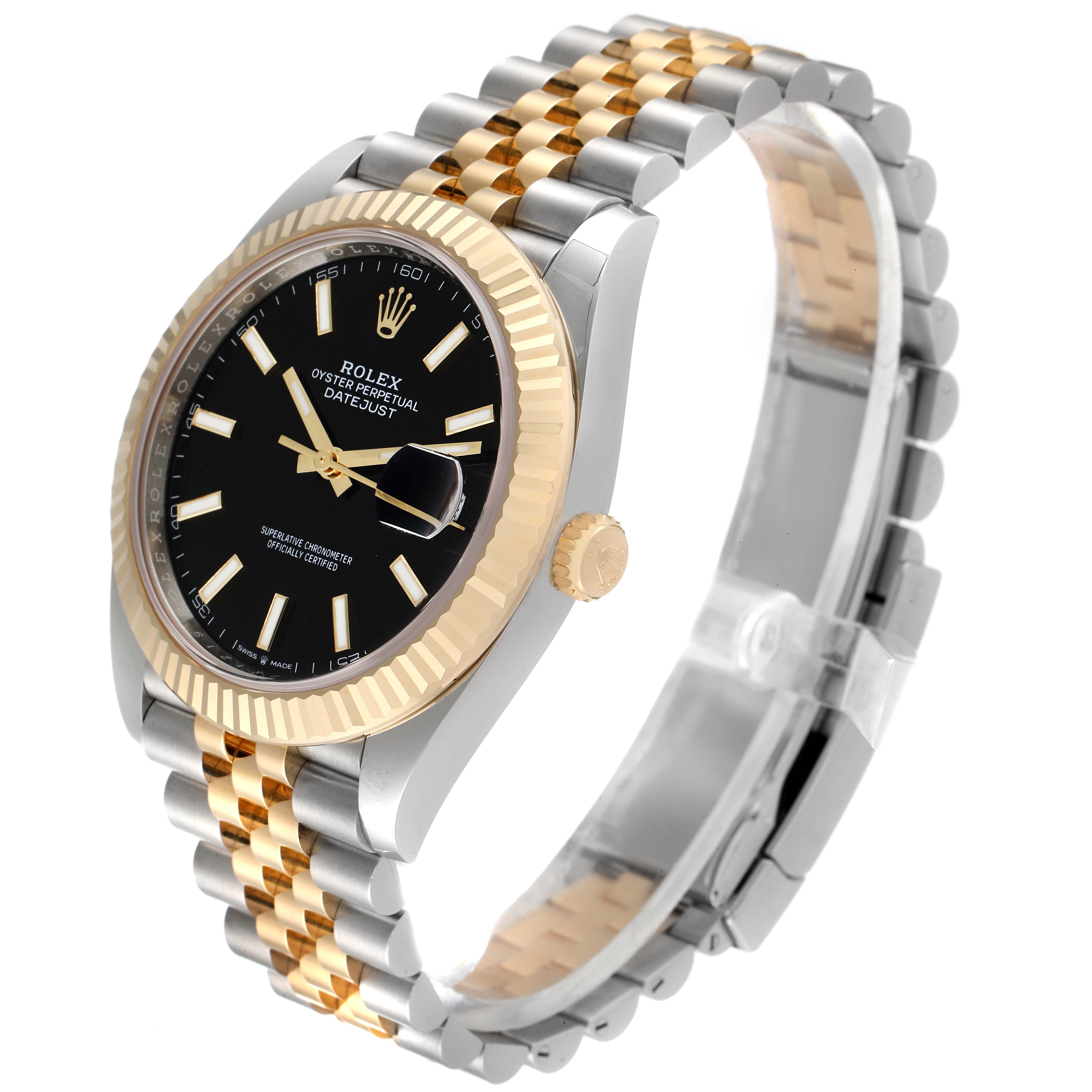 The image shows a Rolex Datejust 41 126333 Men's Steel and Gold (two tone) Black Dial 126333 Men's Steel and Gold (two tone) Black Dial watch from an angled side view, highlighting its black dial, fluted bezel, and two-tone bracelet.