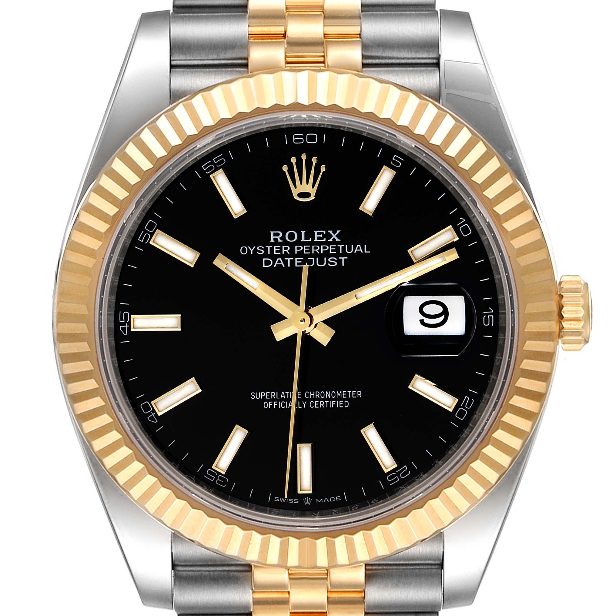 The image shows a front view of the Rolex Datejust 41 126333 Men's Steel and Gold (two tone) Black Dial 126333 Men's Steel and Gold (two tone) Black Dial watch, highlighting its black dial, date window, and two-tone bracelet.