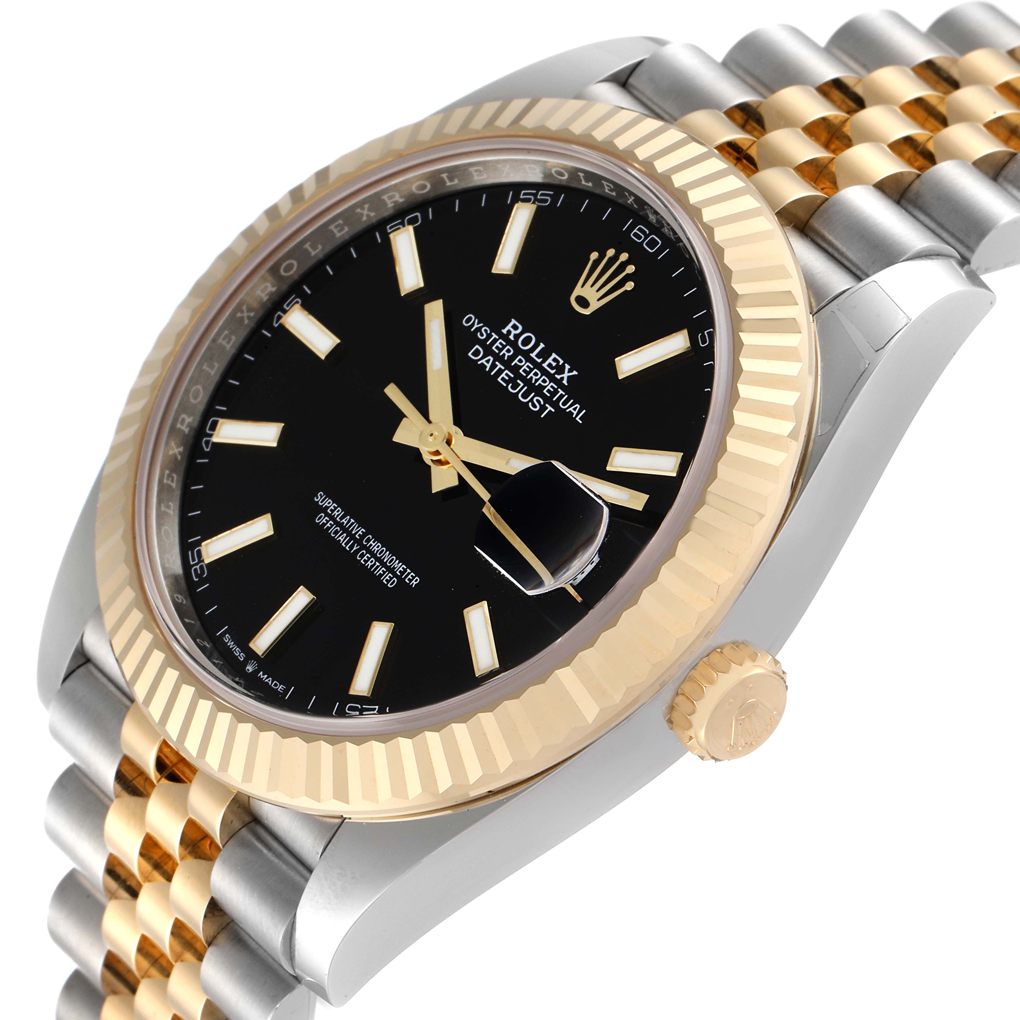 This image shows a Rolex Datejust 41 126333 Men's Steel and Gold (two tone) Black Dial 126333 Men's Steel and Gold (two tone) Black Dial watch from an angled side view, highlighting the bezel, dial, hands, crown, and bracelet.