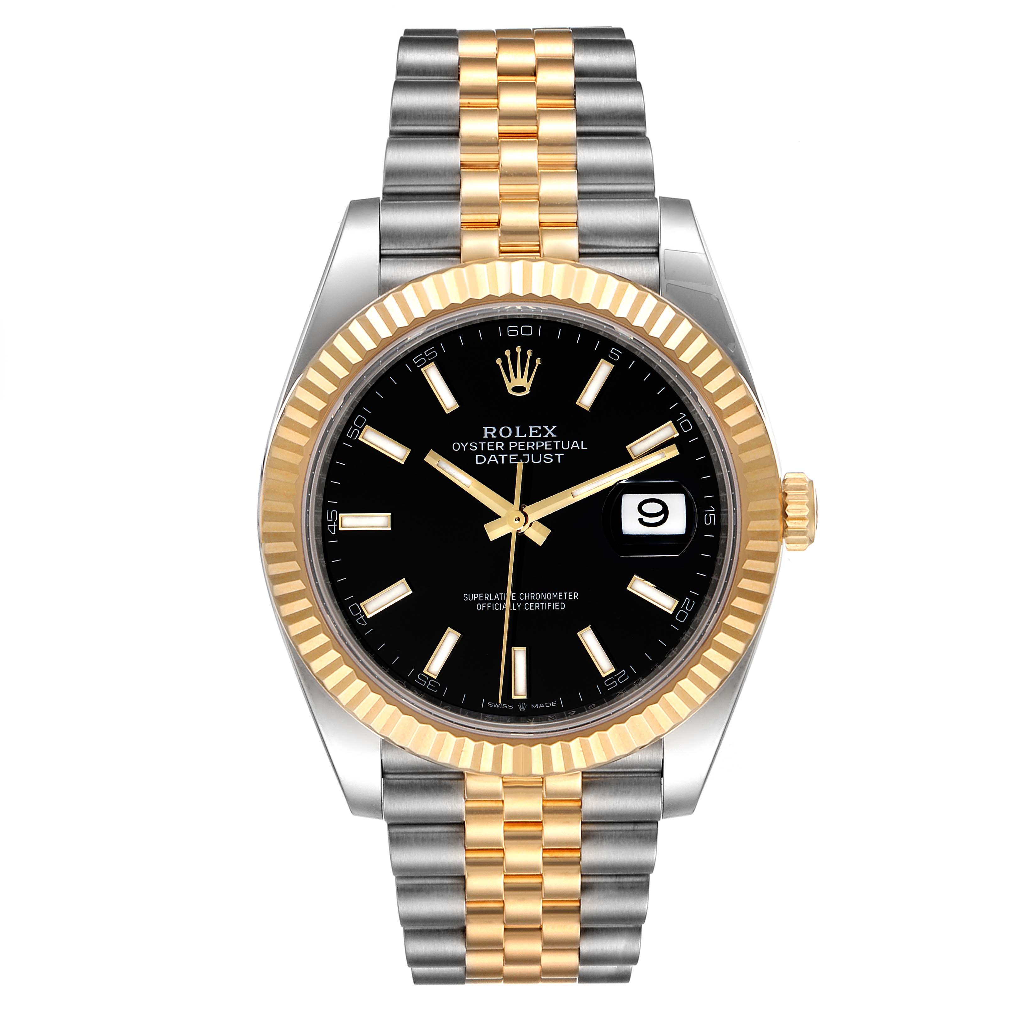 The image shows a Rolex Datejust 41 126333 Men's Steel and Gold (two tone) Black Dial 126333 Men's Steel and Gold (two tone) Black Dial watch from a front angle, highlighting the watch face, bezel, and bracelet.
