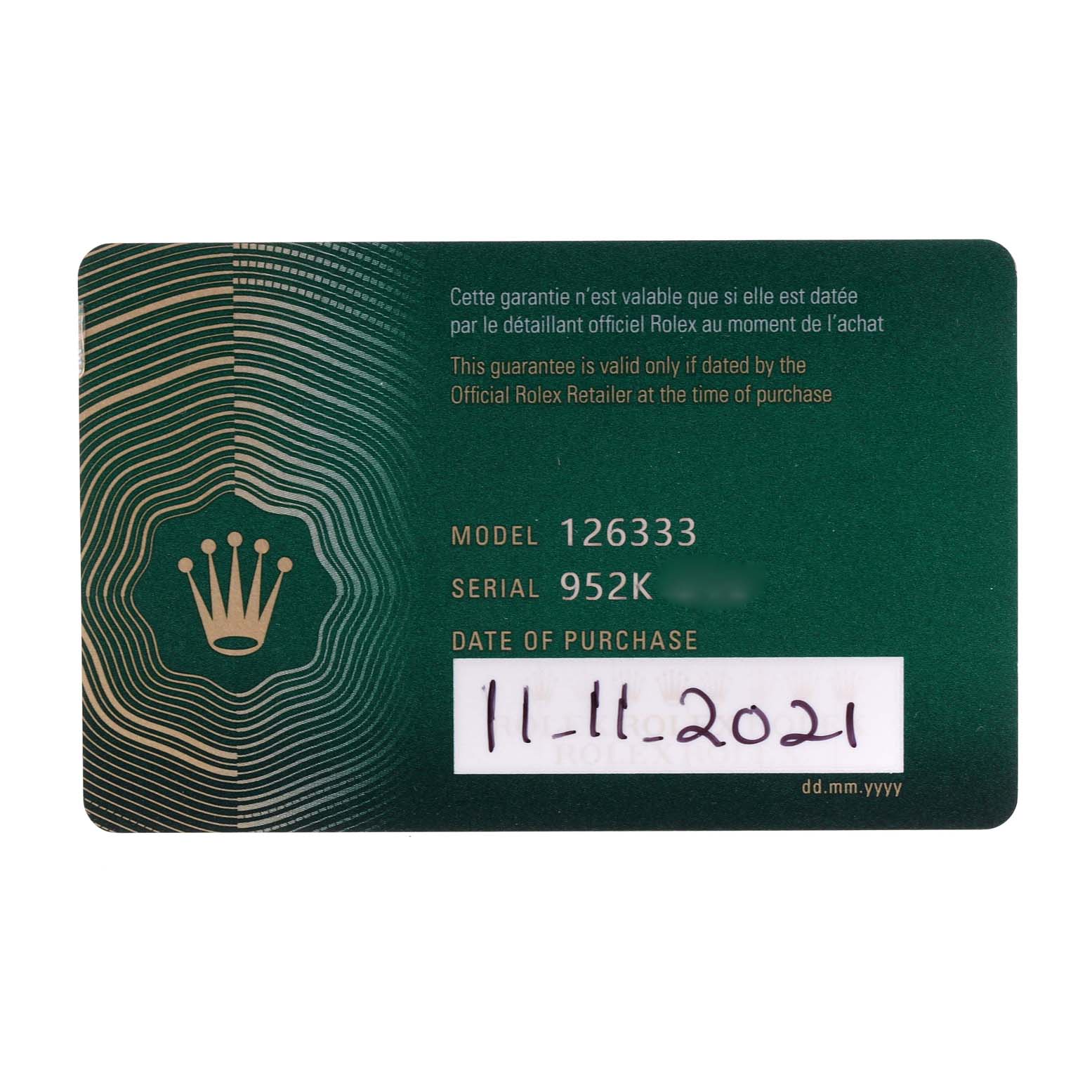 The image shows the warranty card for a Rolex Datejust 41 126333 Men's Steel and Gold (two tone) Black Dial 126333 Men's Steel and Gold (two tone) Black Dial model 126333 with the purchase date 11-11-2021.