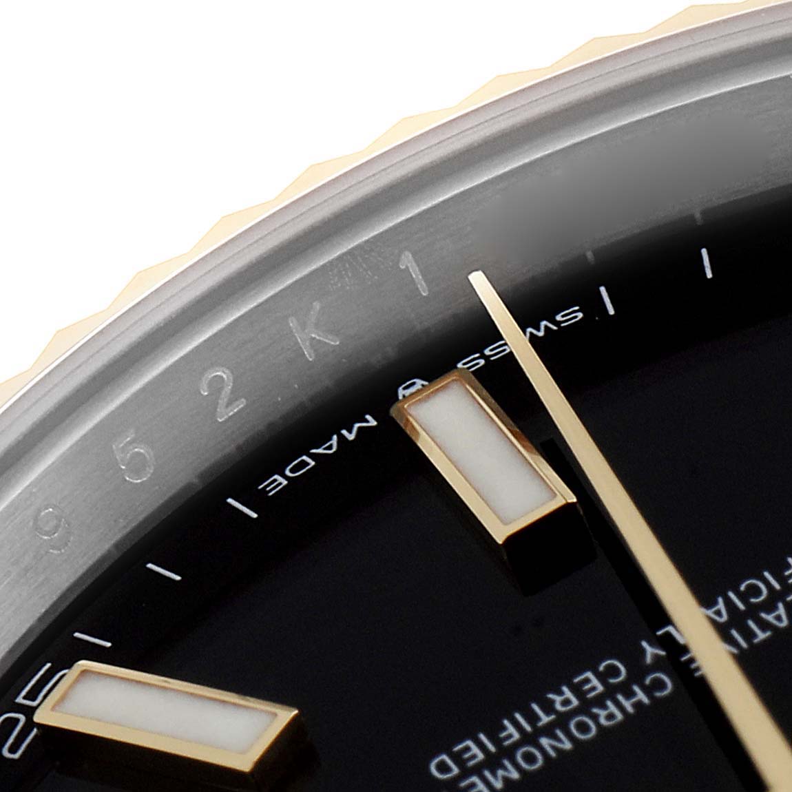 The image shows a close-up of the face and bezel of a Rolex Datejust 41 126333 Men's Steel and Gold (two tone) Black Dial 126333 Men's Steel and Gold (two tone) Black Dial, focusing on the hour markers and minute track.