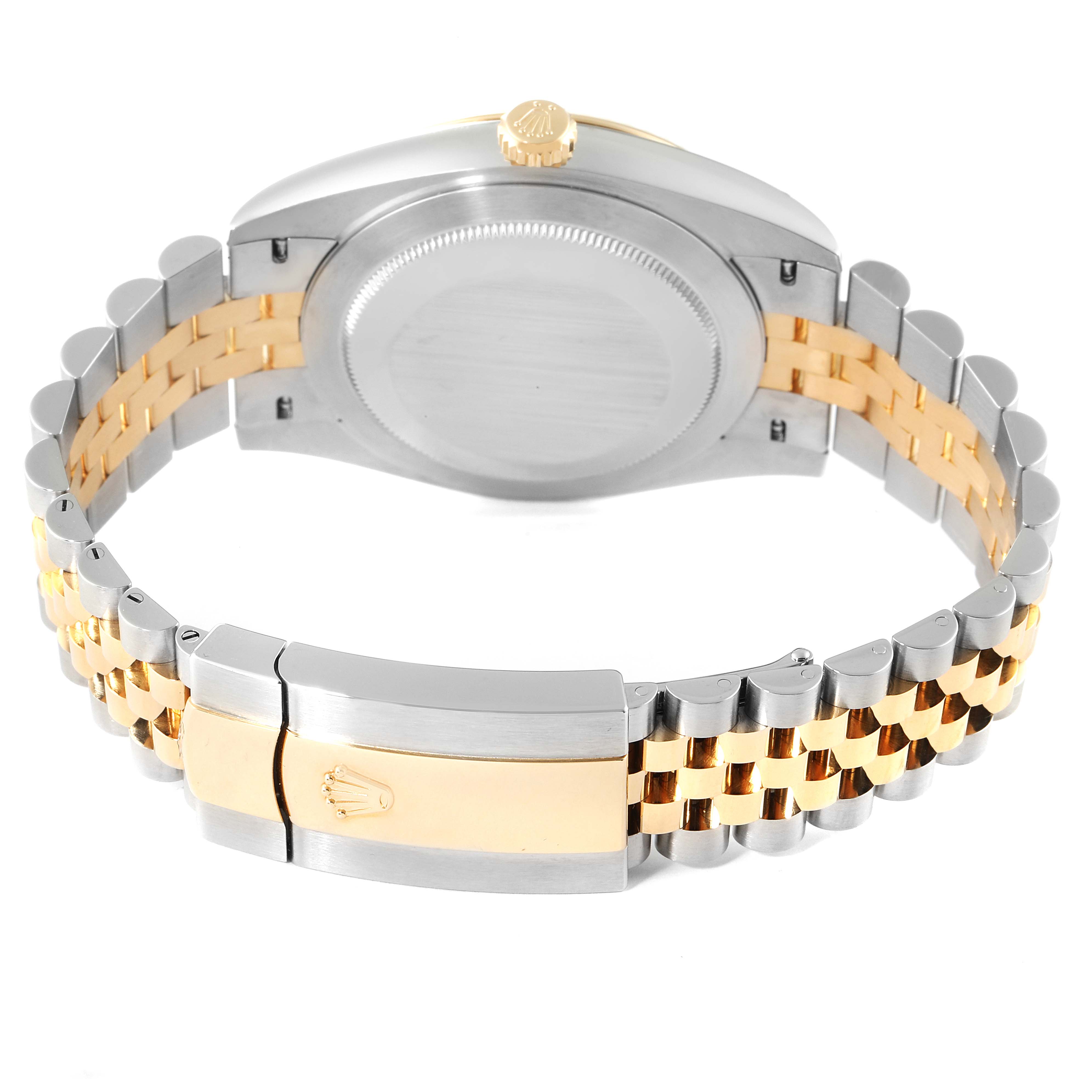 The image shows the back view of a Rolex Datejust 41 126333 Men's Steel and Gold (two tone) Black Dial 126333 Men's Steel and Gold (two tone) Black Dial watch, focusing on the case, crown, and two-tone Jubilee bracelet with clasp.