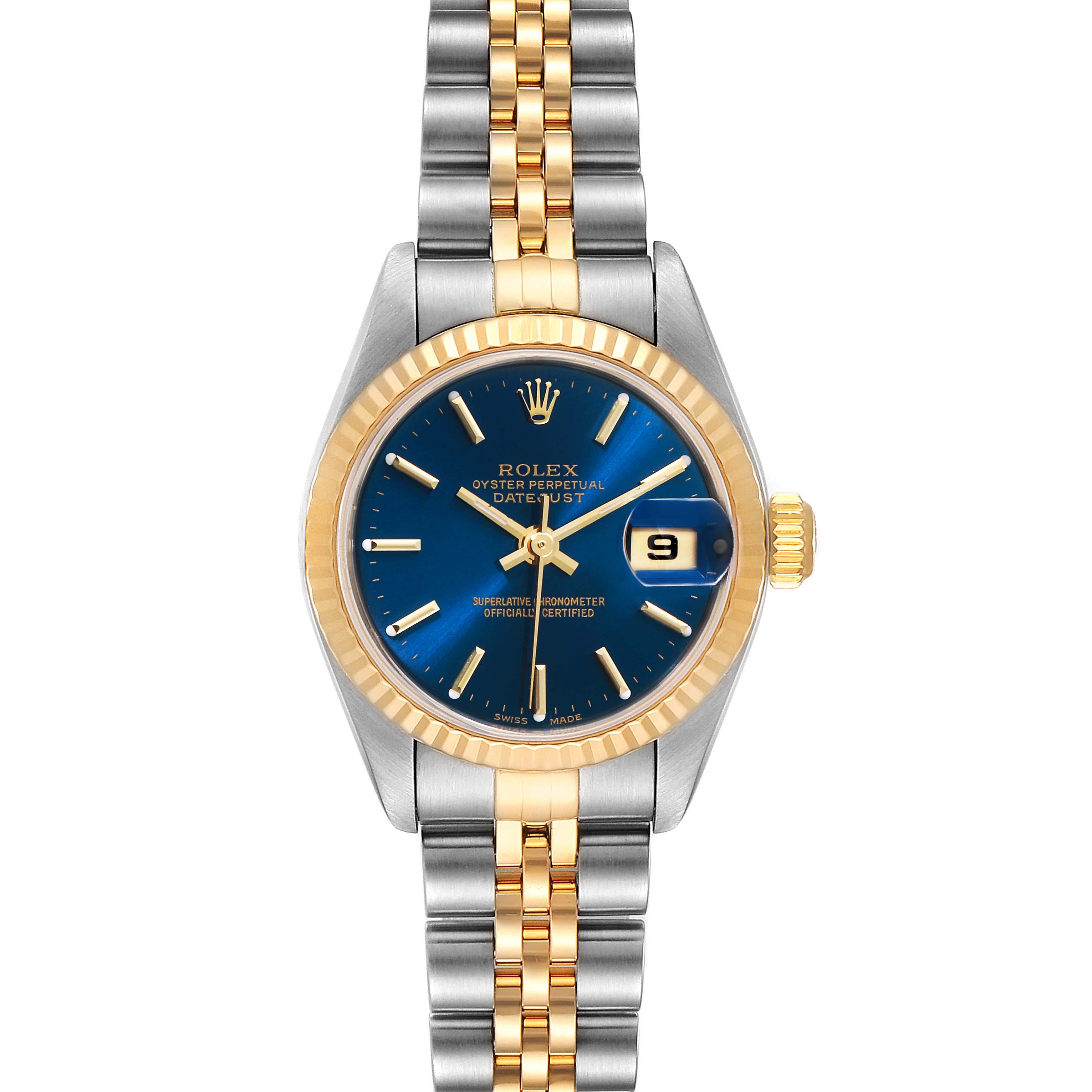 The image shows a Rolex Datejust 79173 Women's Steel and Gold (two tone) Blue Dial 79173 Women's Steel and Gold (two tone) Blue Dial watch with a blue dial, fluted bezel, and two-tone Jubilee bracelet, viewed from the front.