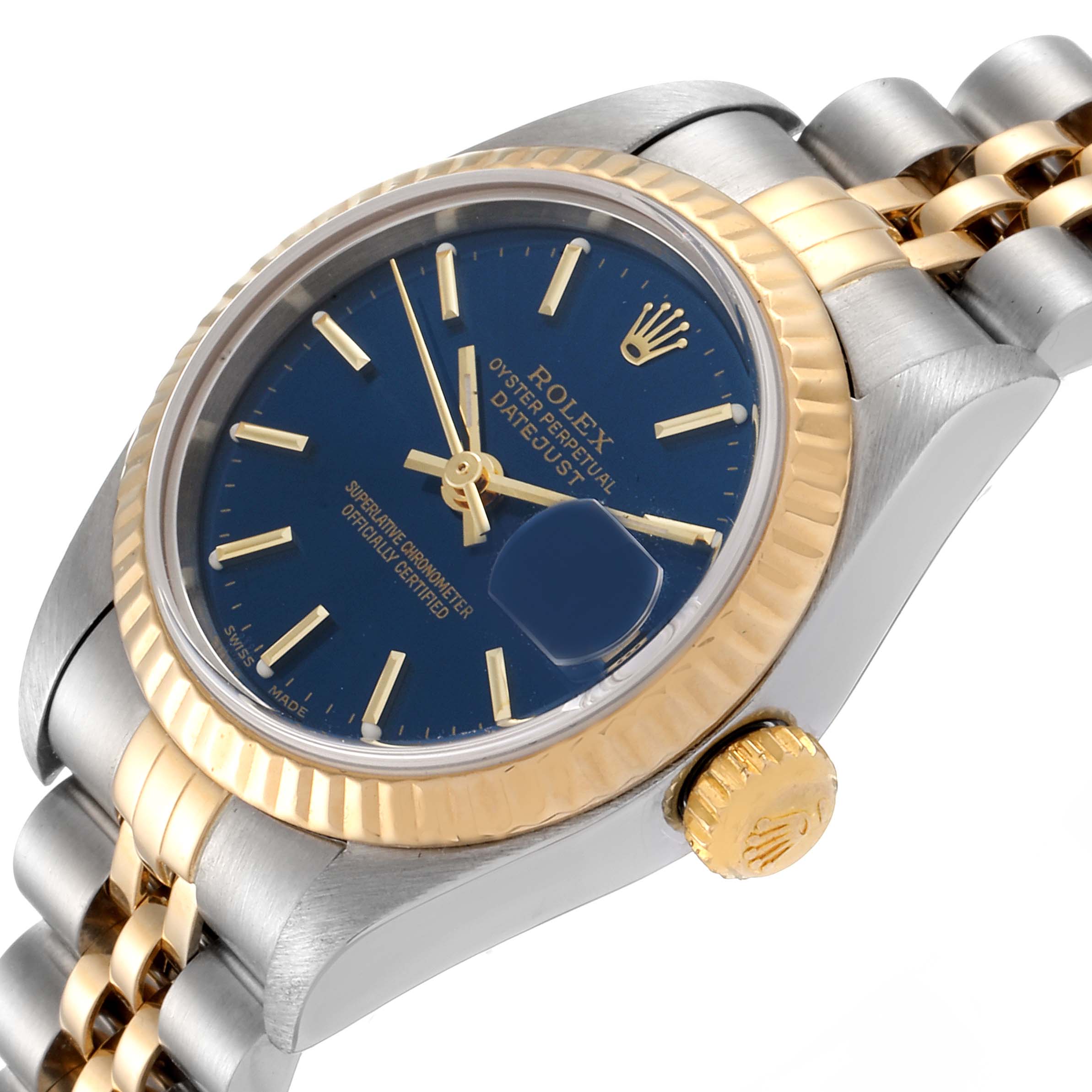 This image shows a close-up side angle of a Rolex Datejust 79173 Women's Steel and Gold (two tone) Blue Dial 79173 Women's Steel and Gold (two tone) Blue Dial watch featuring a blue dial, gold bezel, and two-tone bracelet.